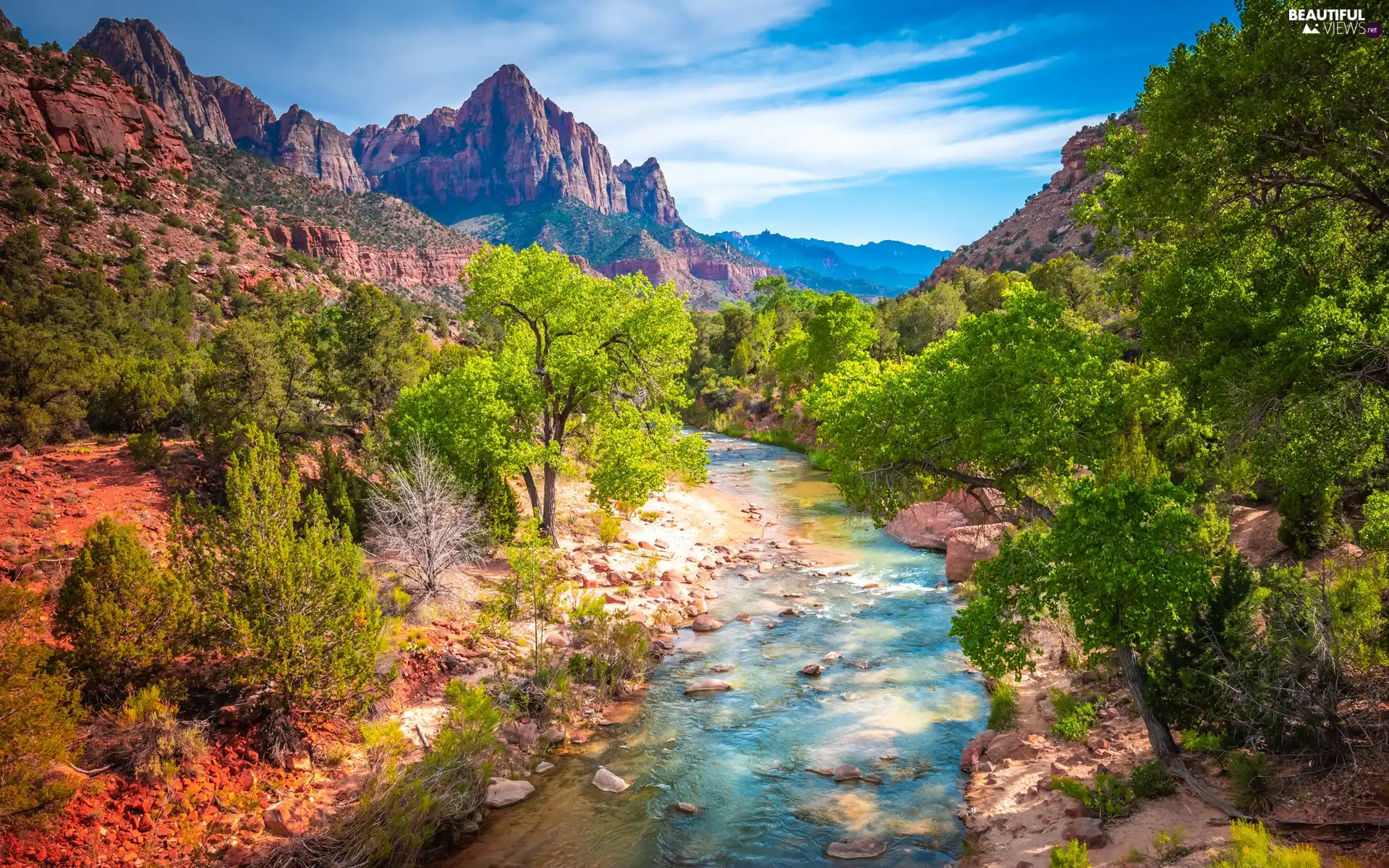 Stones, Mountains, trees, Utah State, viewes, Zion National Park, Mountain Watchman, The United States, clouds, Virgin River