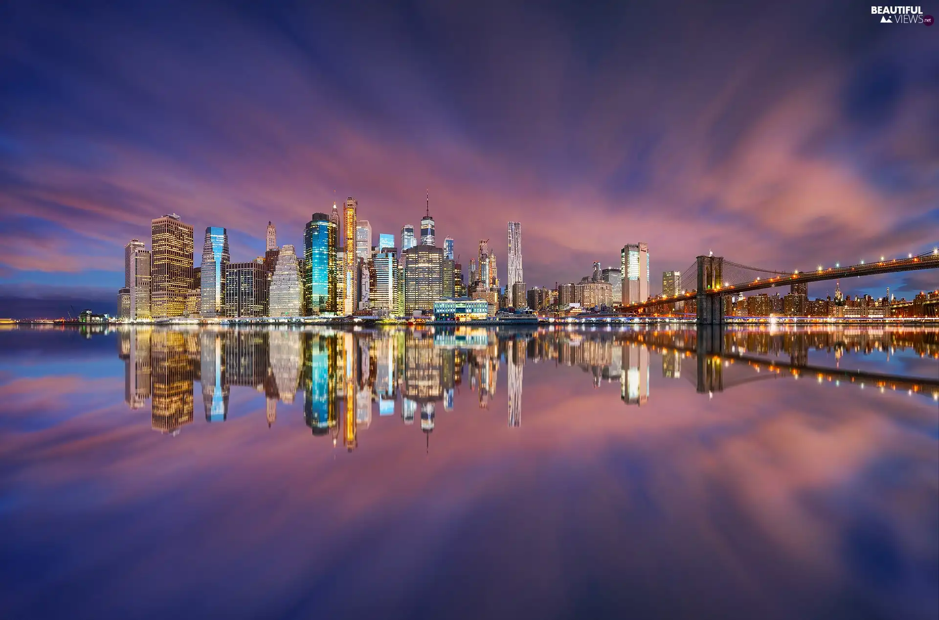 skyscrapers, New York, Brooklyn Bridge, Brooklyn Bridge, New York, The United States, East River Strait, dawn, River