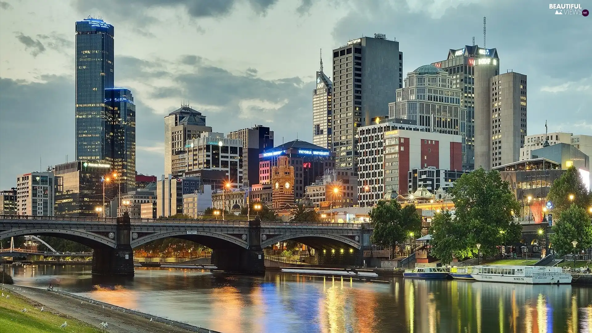 skyscrapers, bridge, River, clouds