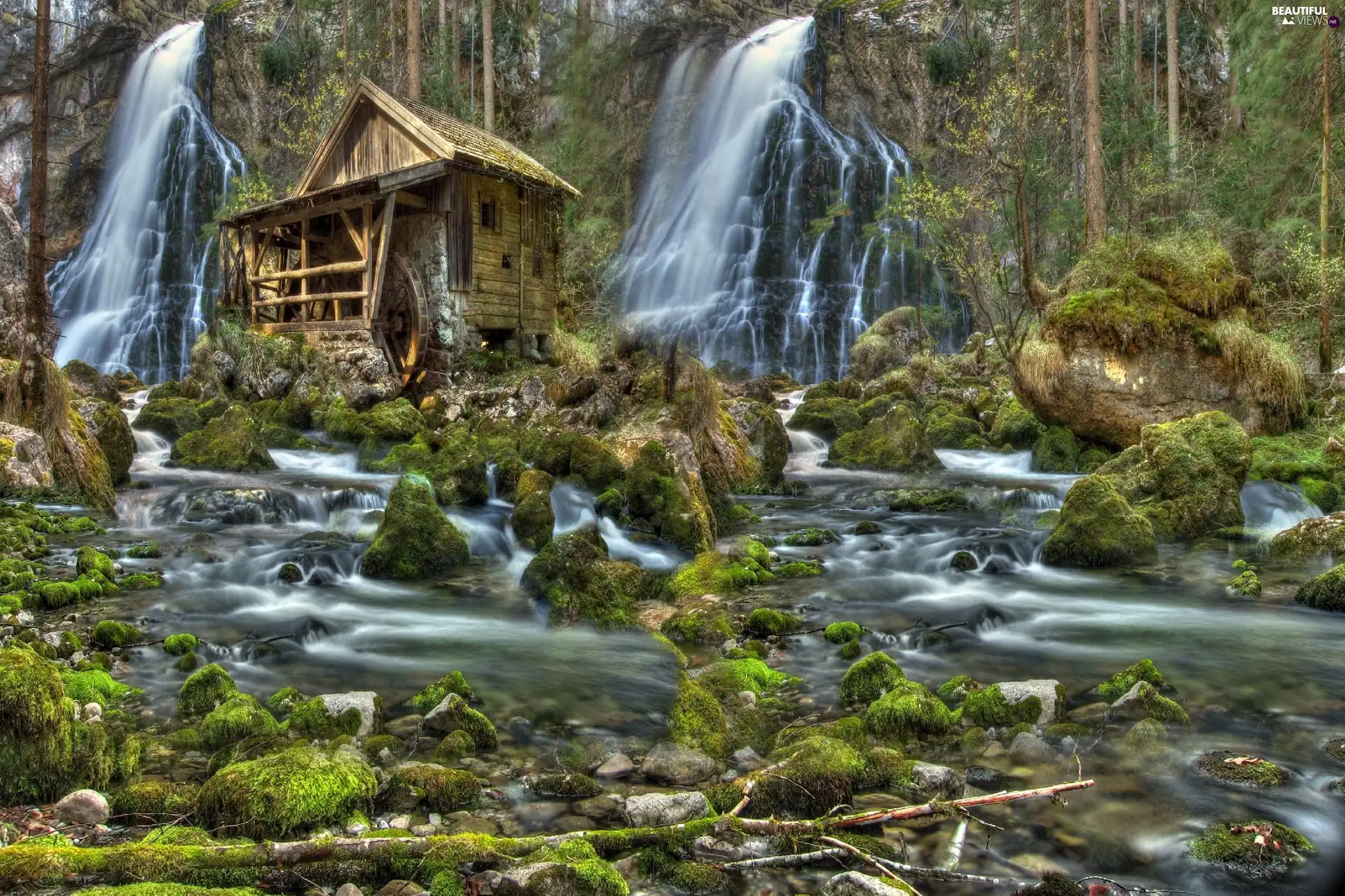 River, Stones, waterfalls, Windmill, forest