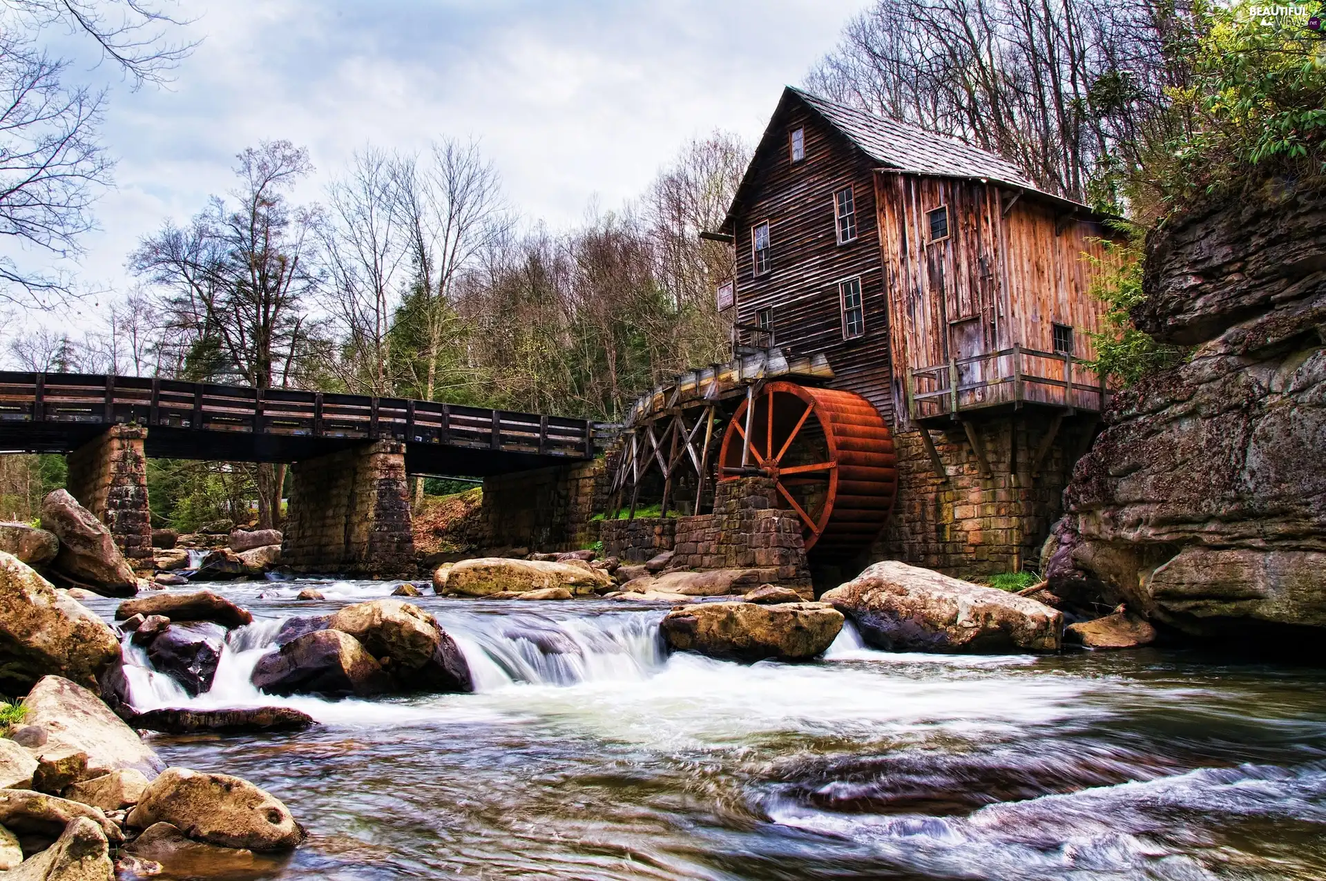 River, Stones, Windmill, bridge, Old car