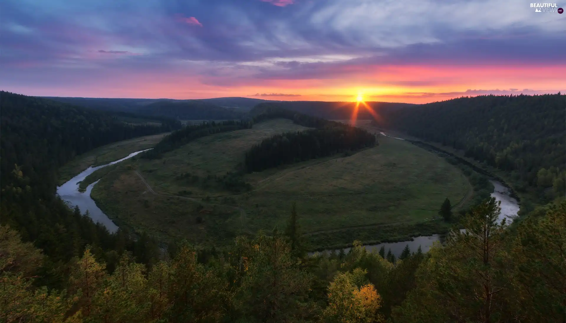 River, curve, viewes, Meander, The Hills, trees, Great Sunsets