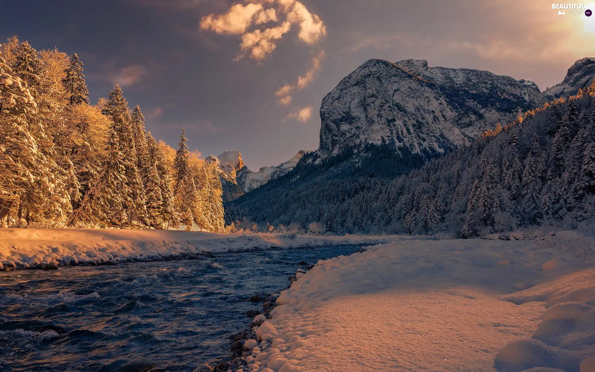 forest, Mountains, trees, River, winter, Snowy, viewes