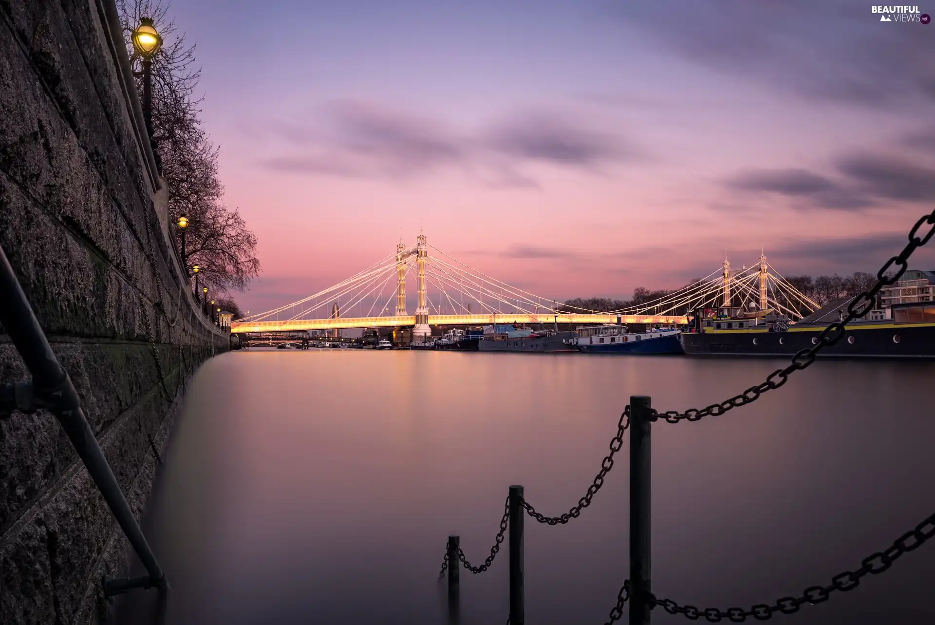 wall, Floodlit, bridge, River