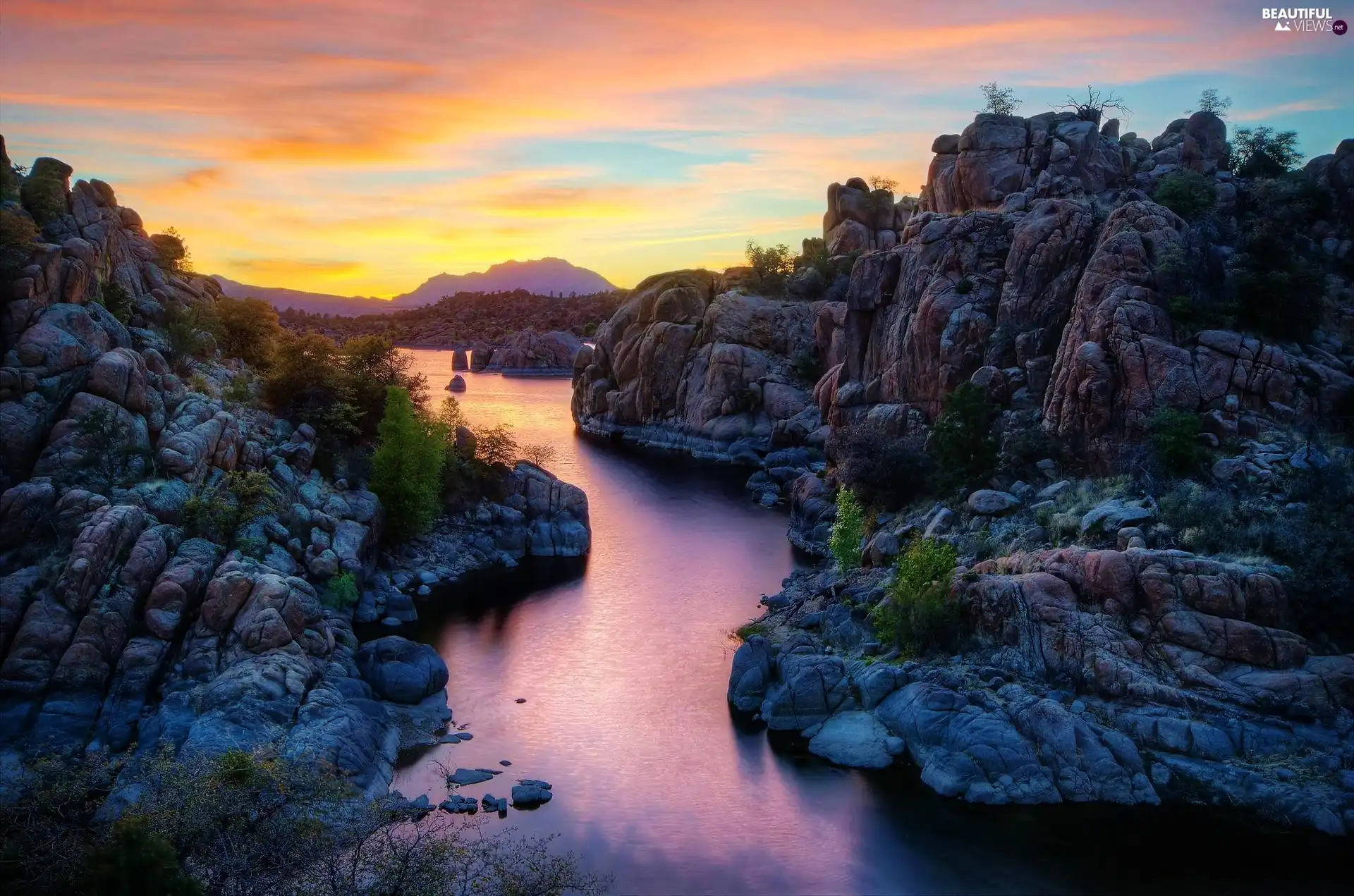 west, rocks, River, sun