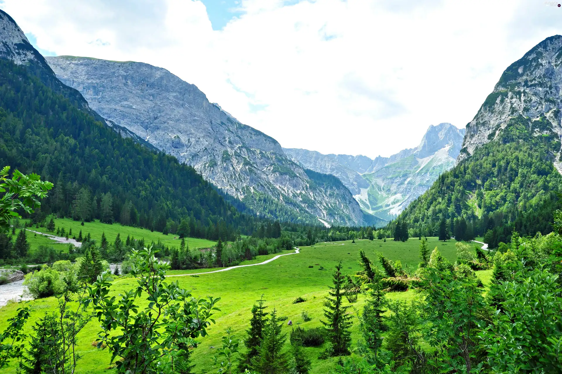 River, Mountains, woods