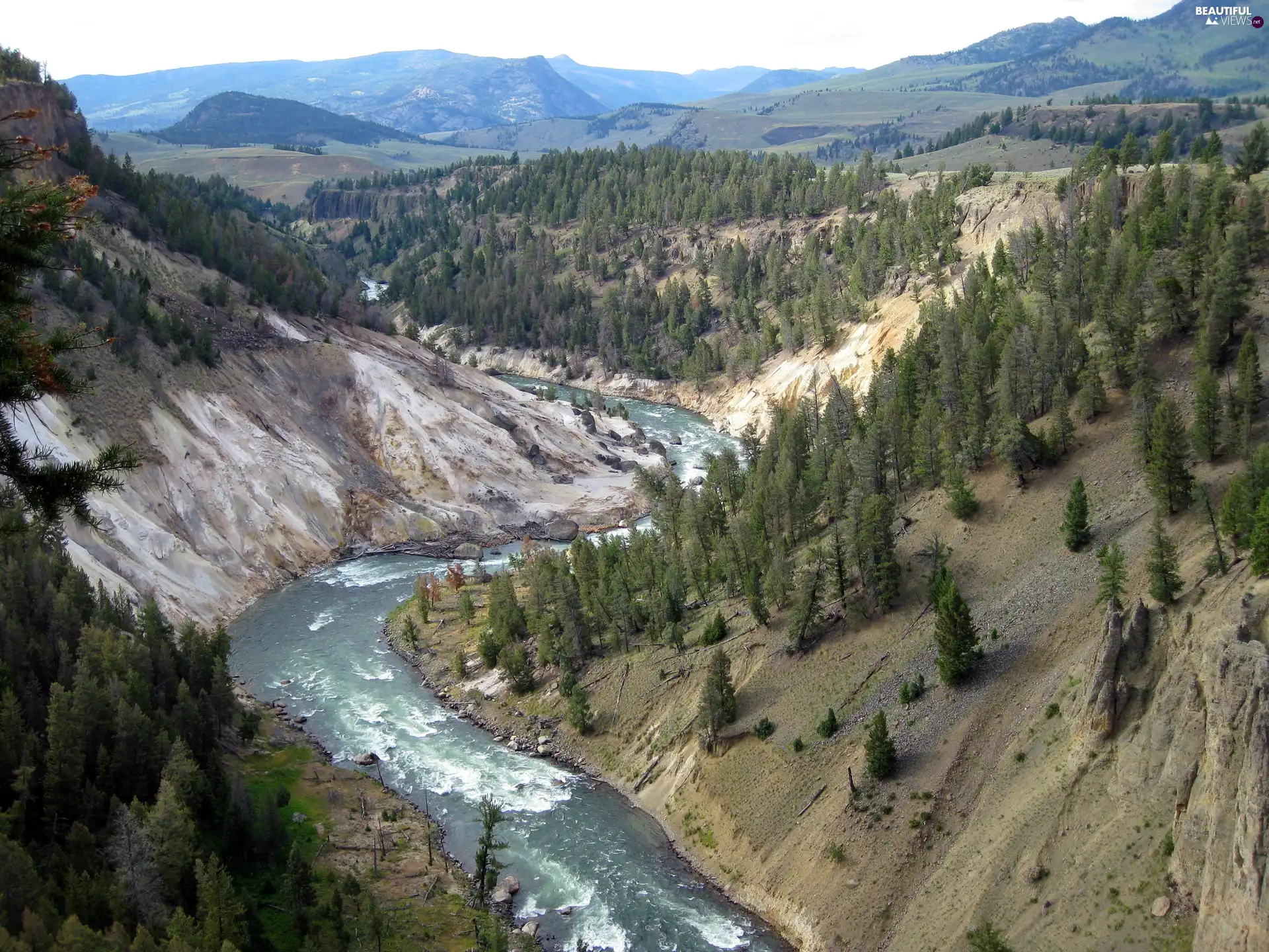 River, Mountains, woods