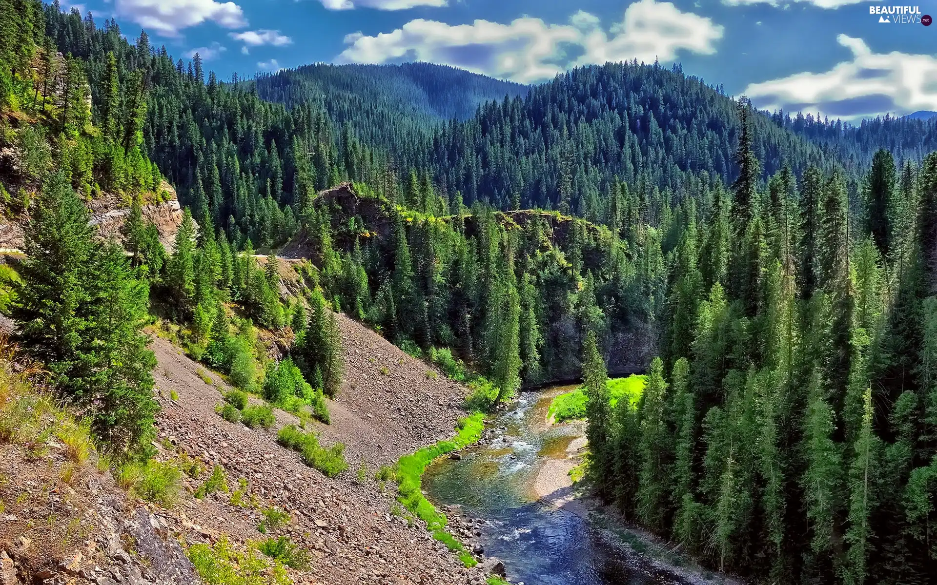 River, Mountains, woods