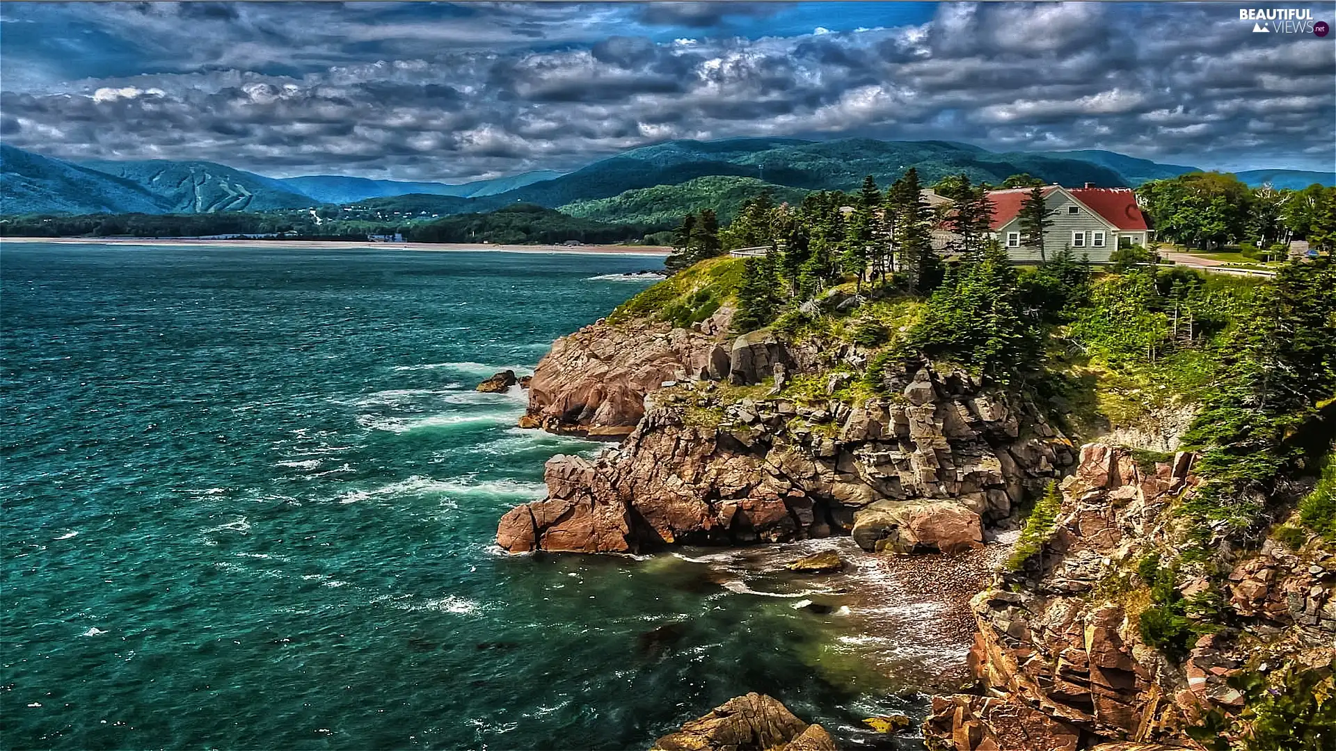 rocks, Home, clouds, sea, Mountains