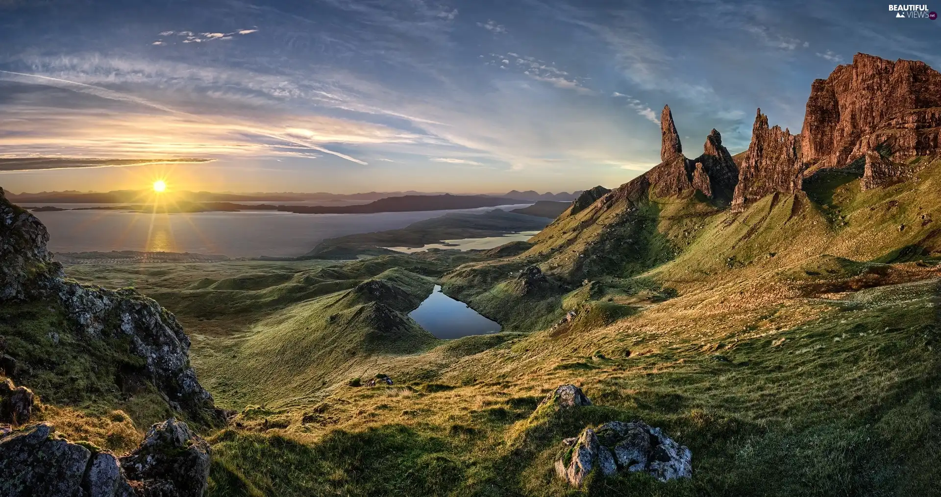 rocks, lakes, sun, Mountains, east