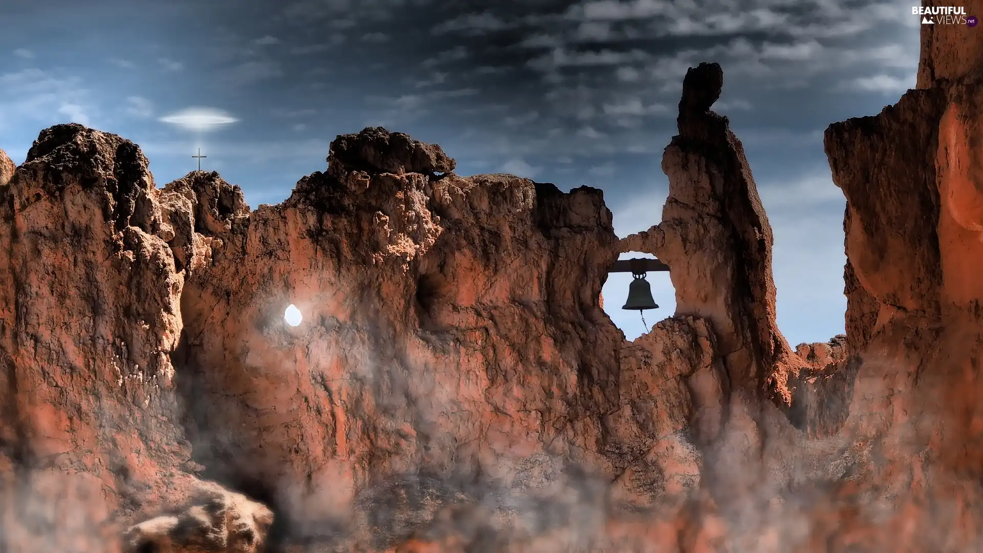 Mountains, bell, Cross, rocks