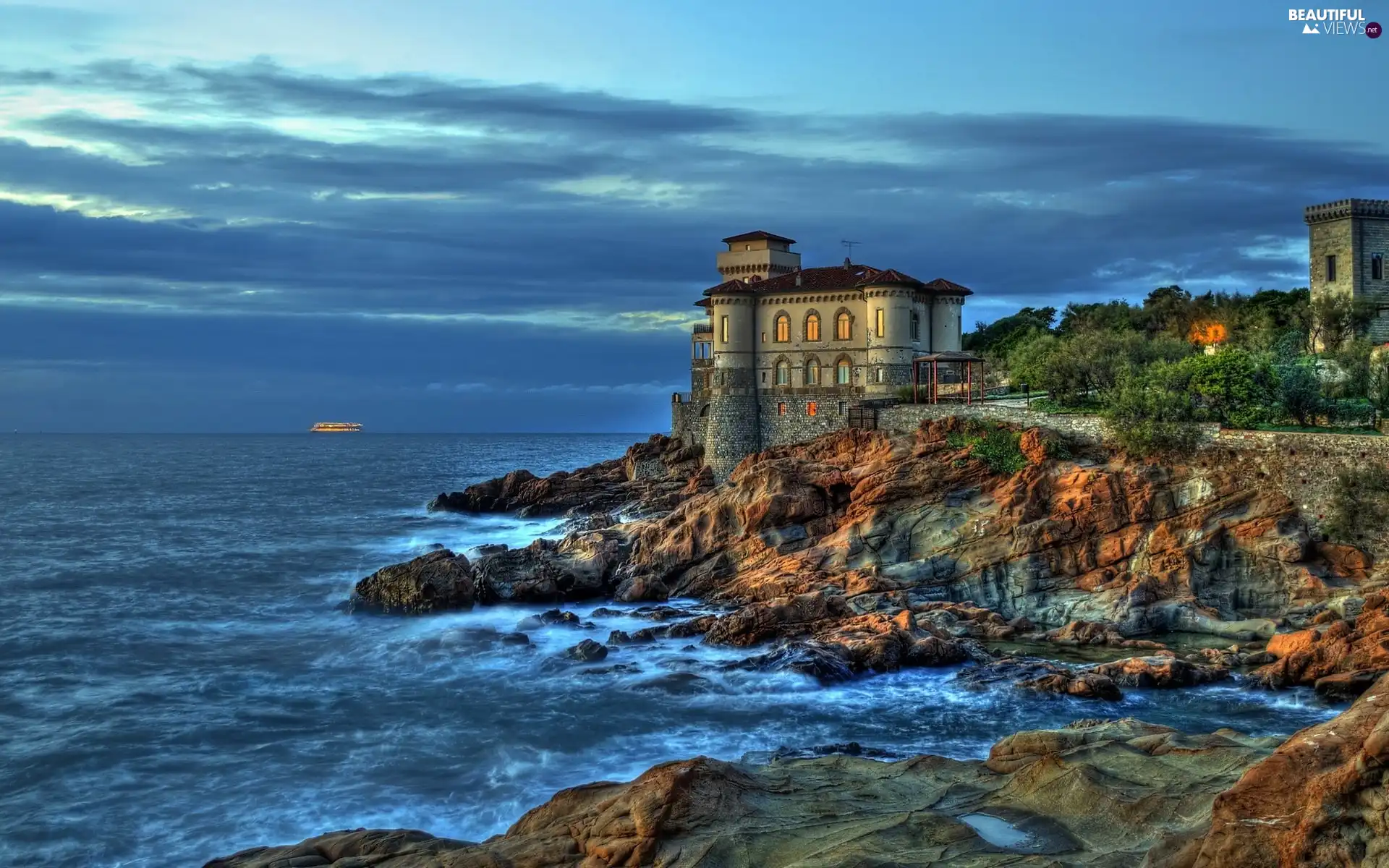 rocks, house, sea