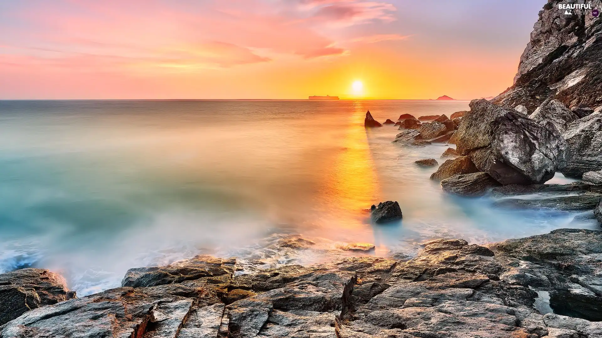 sea, clouds, Sunrise, rocks