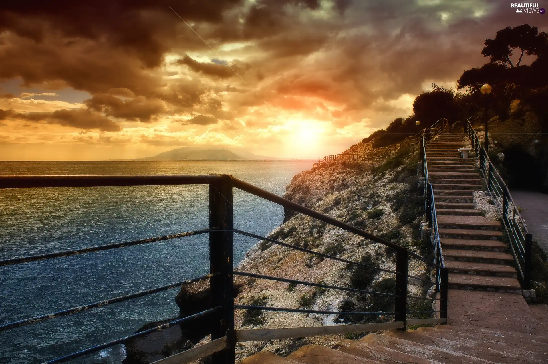 rocks, Stairs, sun, sea, west