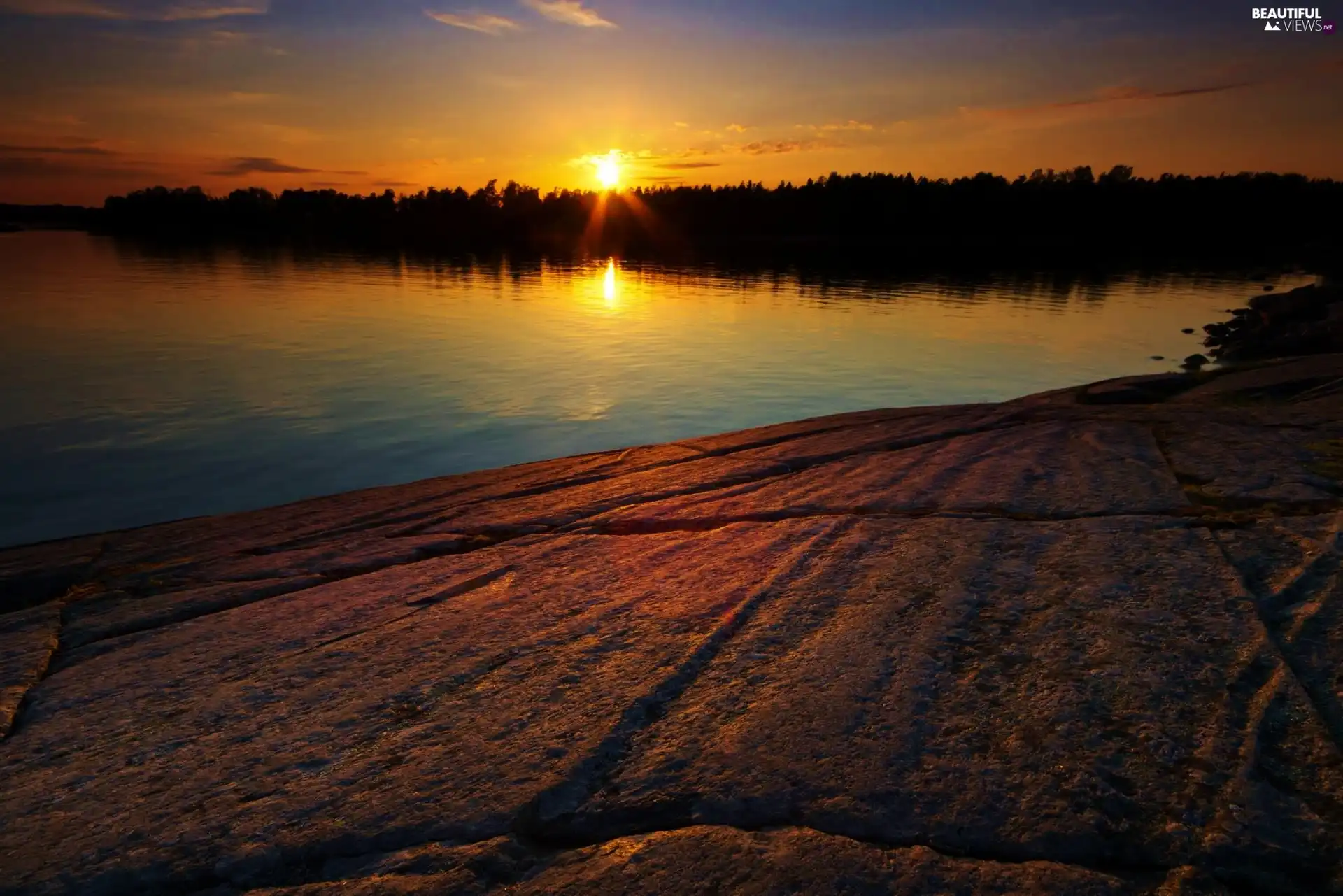 west, lake, Rocks, sun