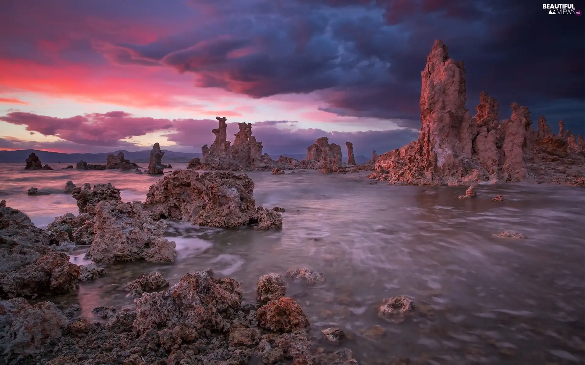 west, lake, rocks, sun