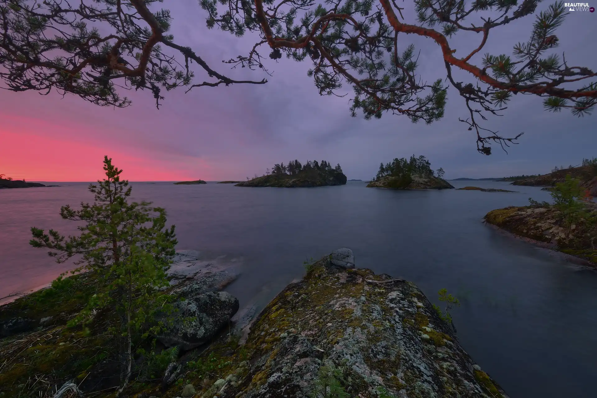 clouds, trees, Islet, branch, Lake Ladoga, rocks, Russia