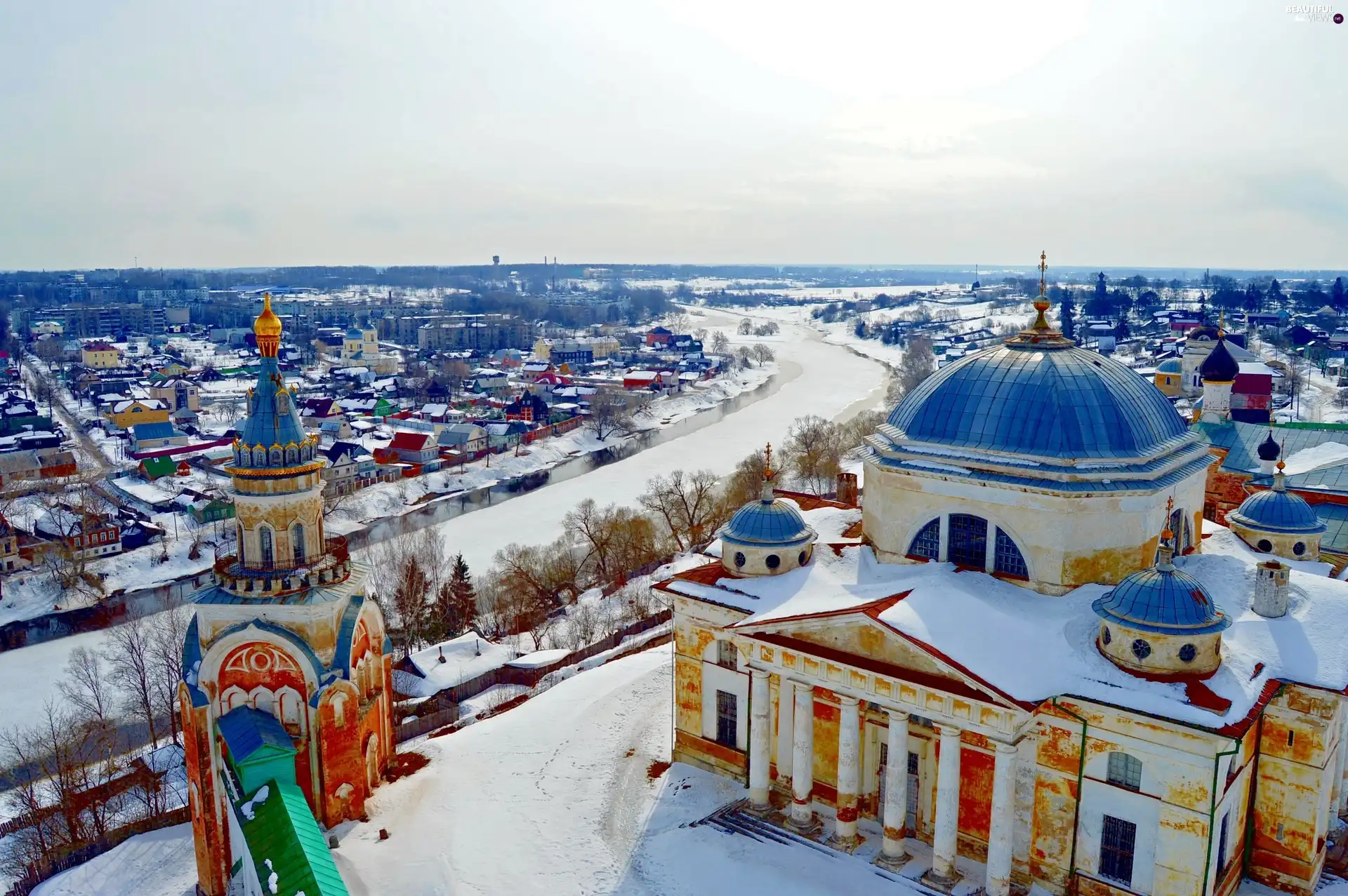 Town, snow, Russia, River