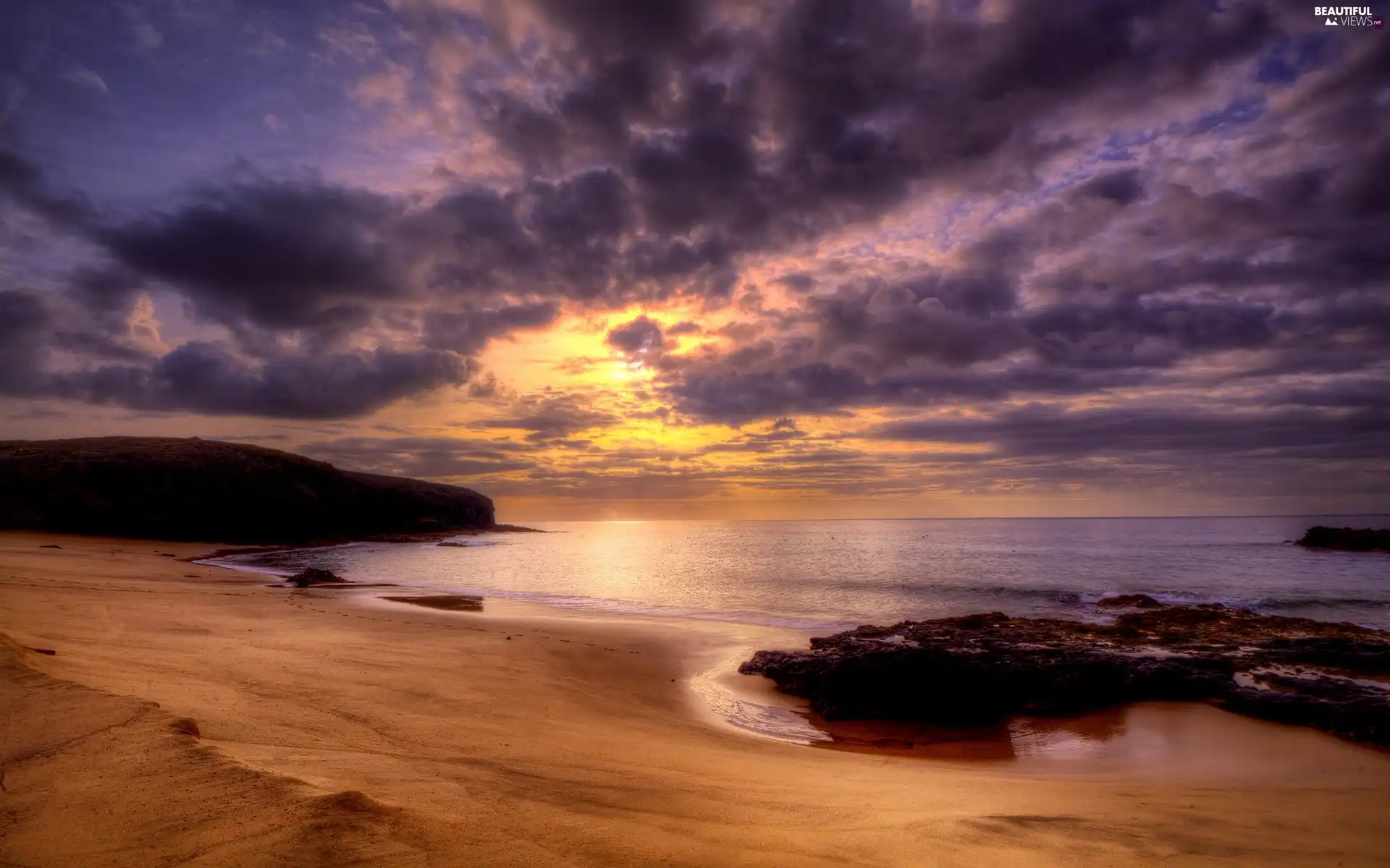 sea, Beaches, west, sun, clouds