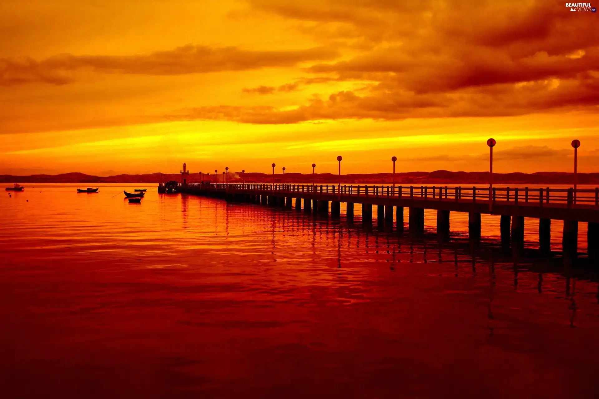 sea, bridges, sun, clouds, west