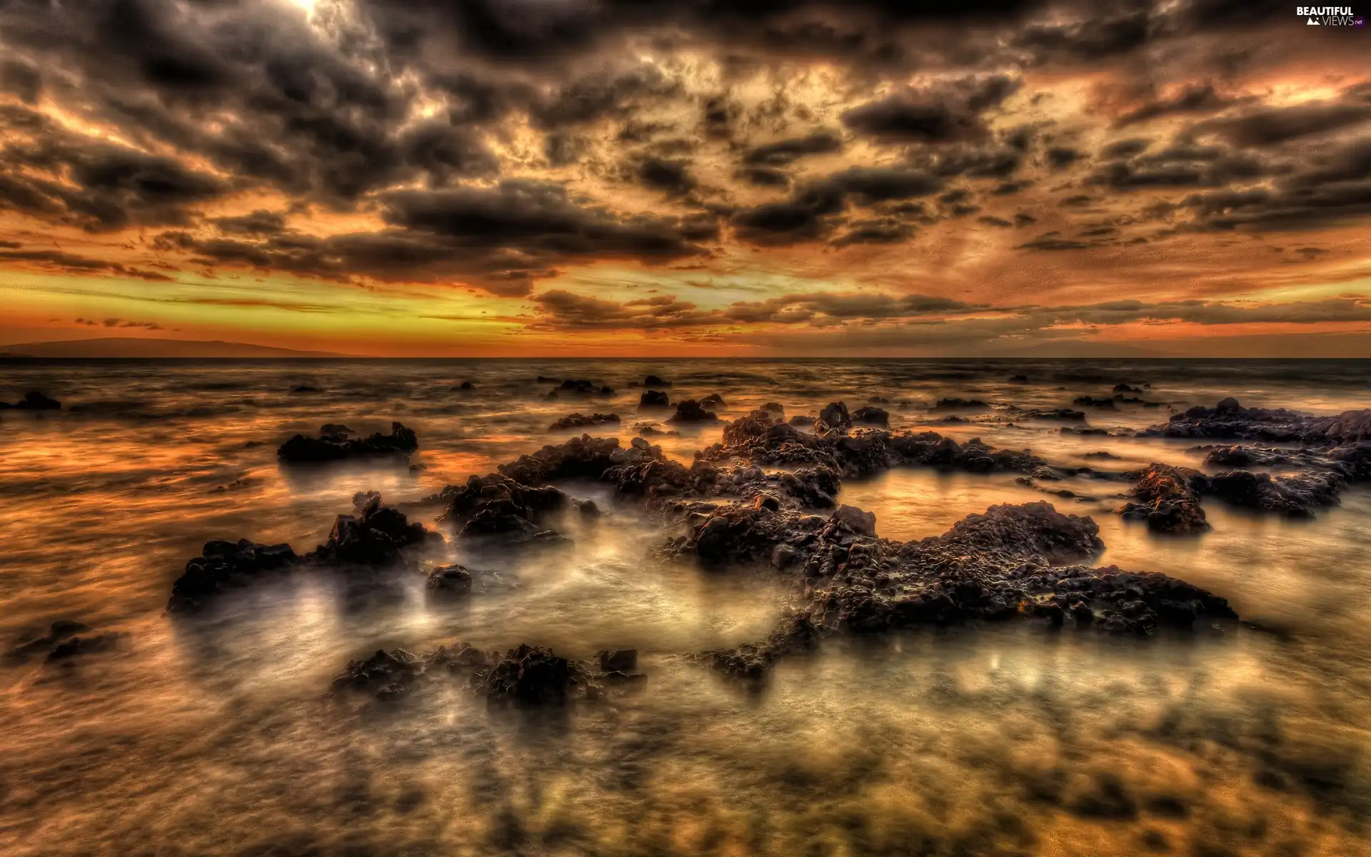 sea, clouds, sun, Stones rocks, west