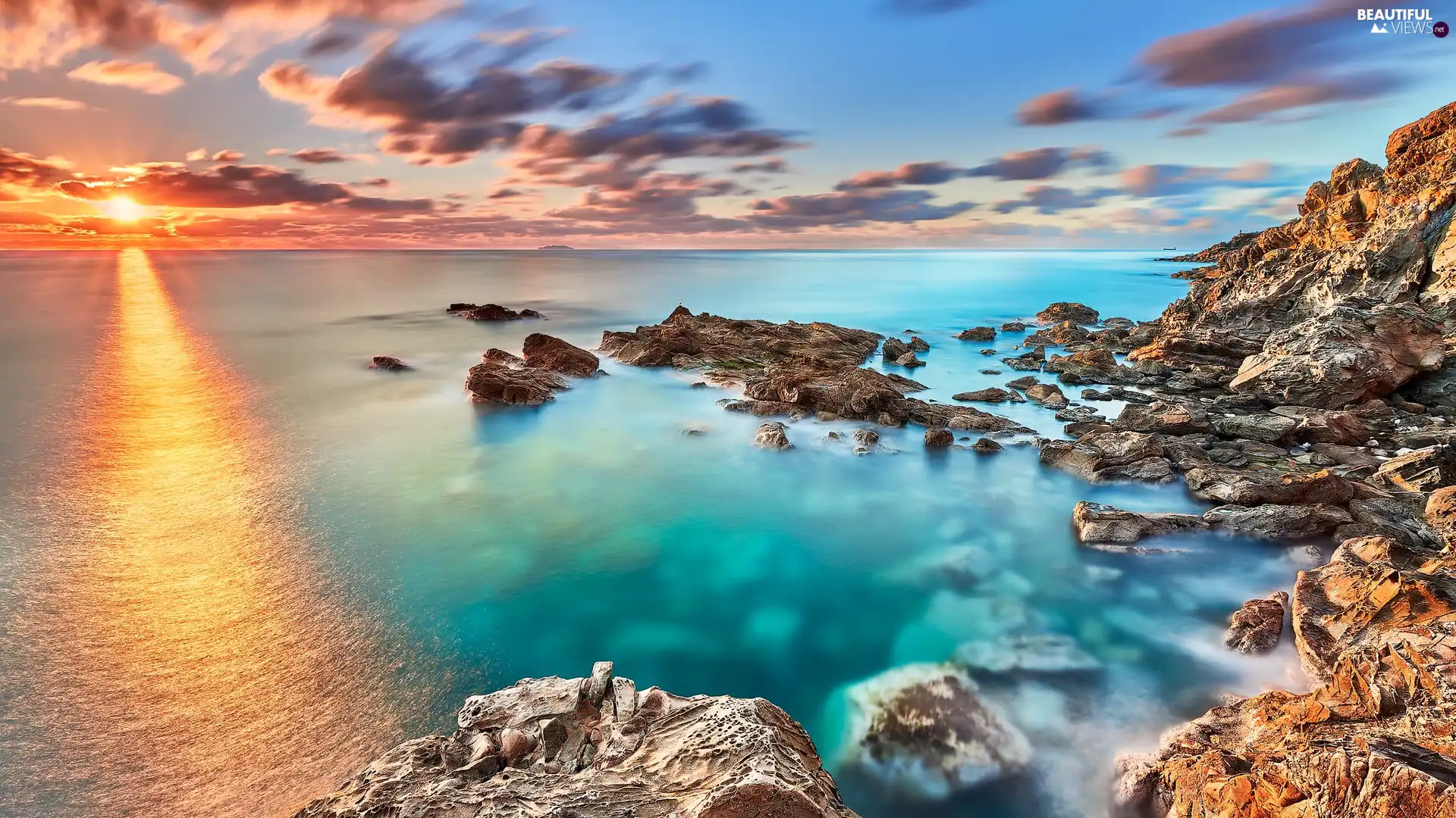 clouds, Great Sunsets, sea, rocks, Coast