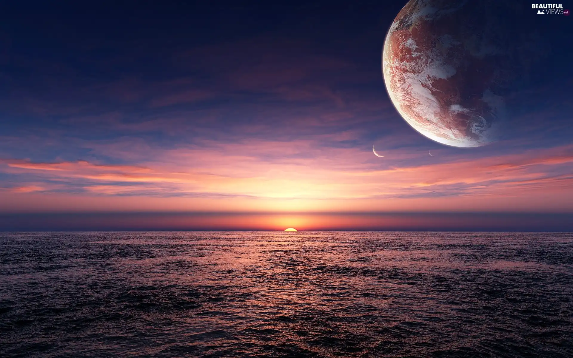 sea, horizon, west, sun, Planet