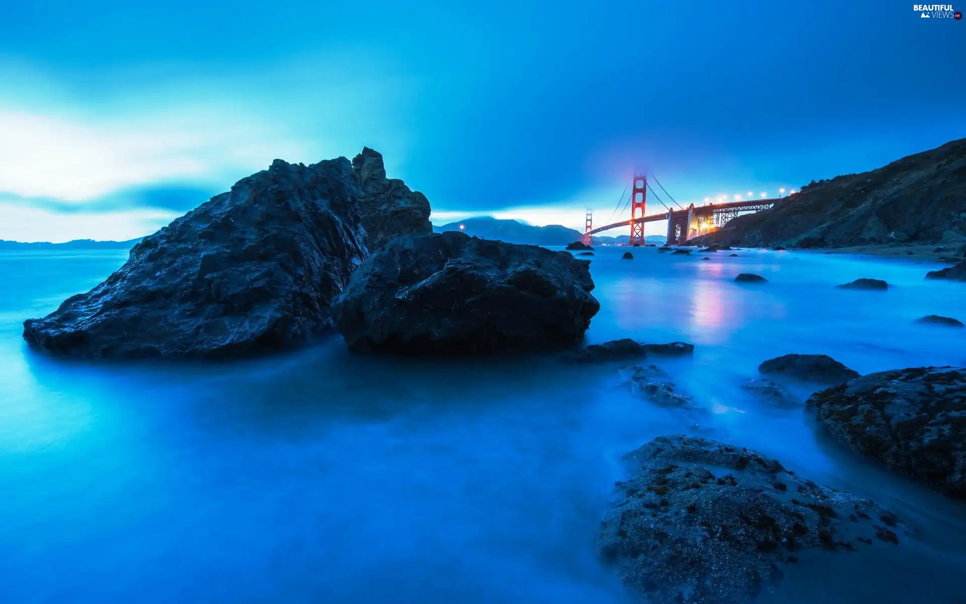 sea, rocks, golden, Gate, bridge