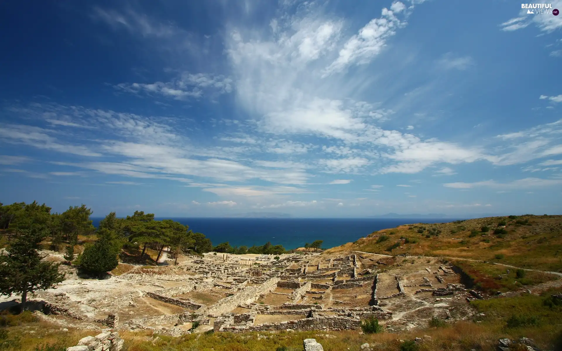 trees, remains, sea, Sky, viewes, ruin