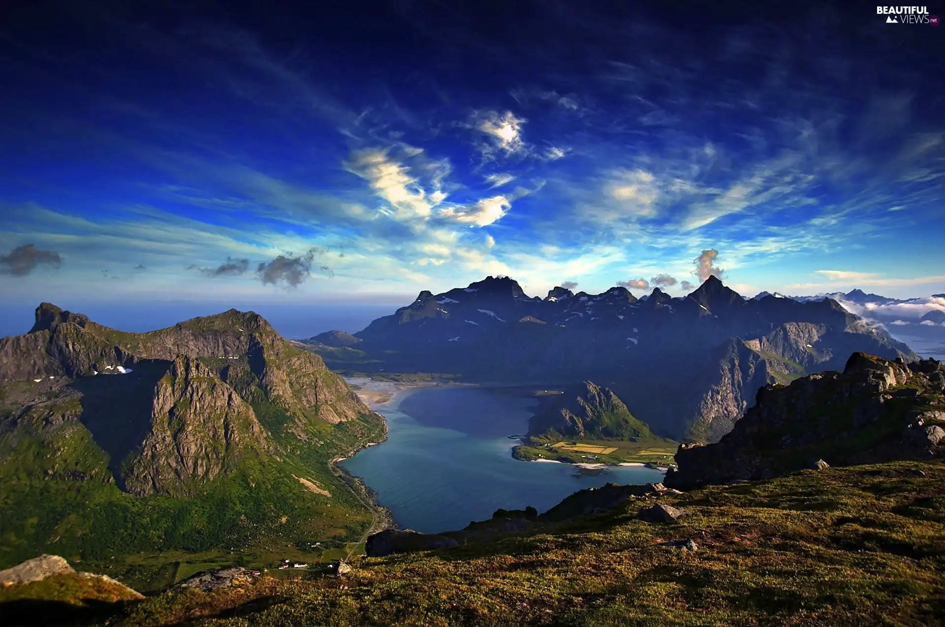 sea, VEGETATION, clouds, Mountains, Lofoten