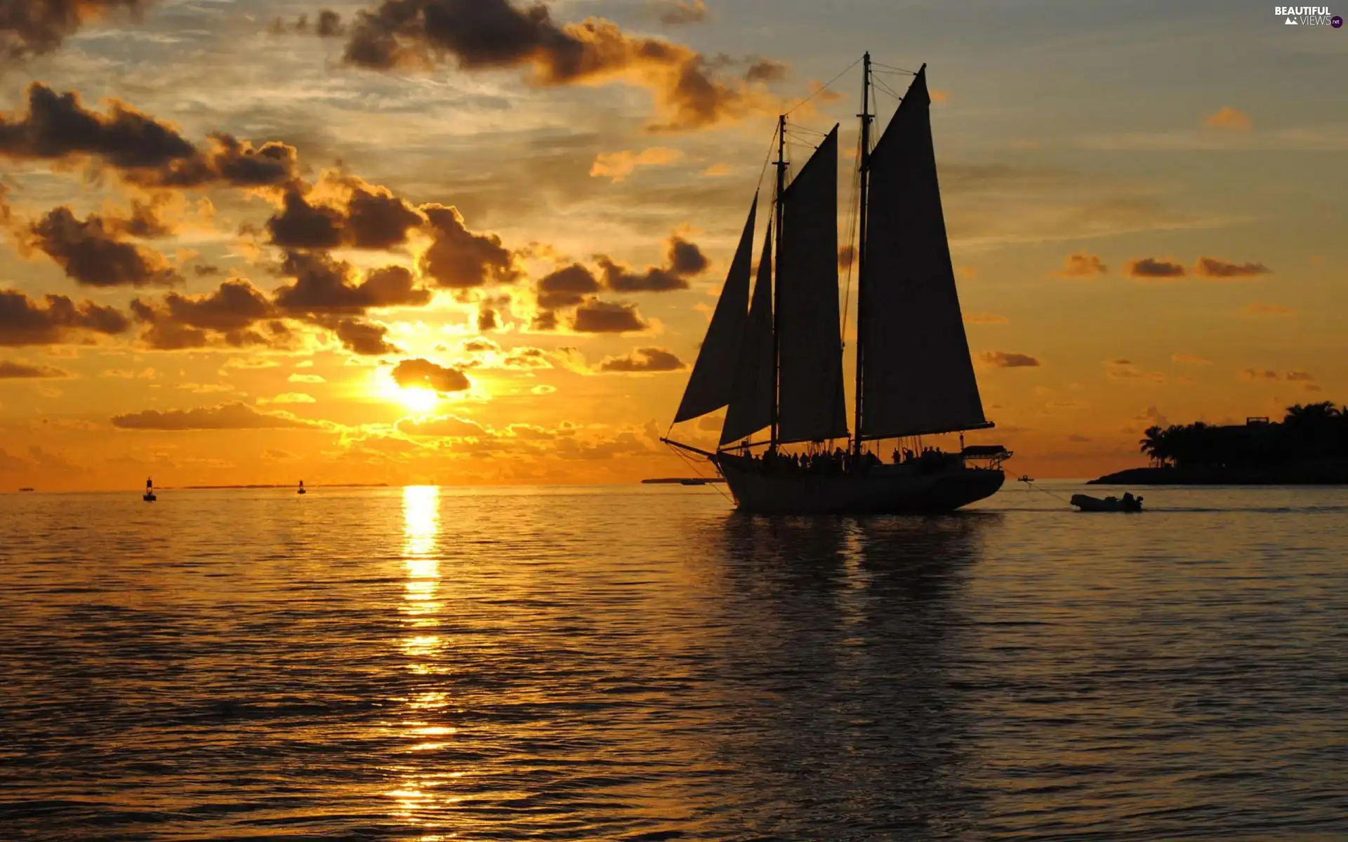 sea, sailing vessel, sun, clouds, west