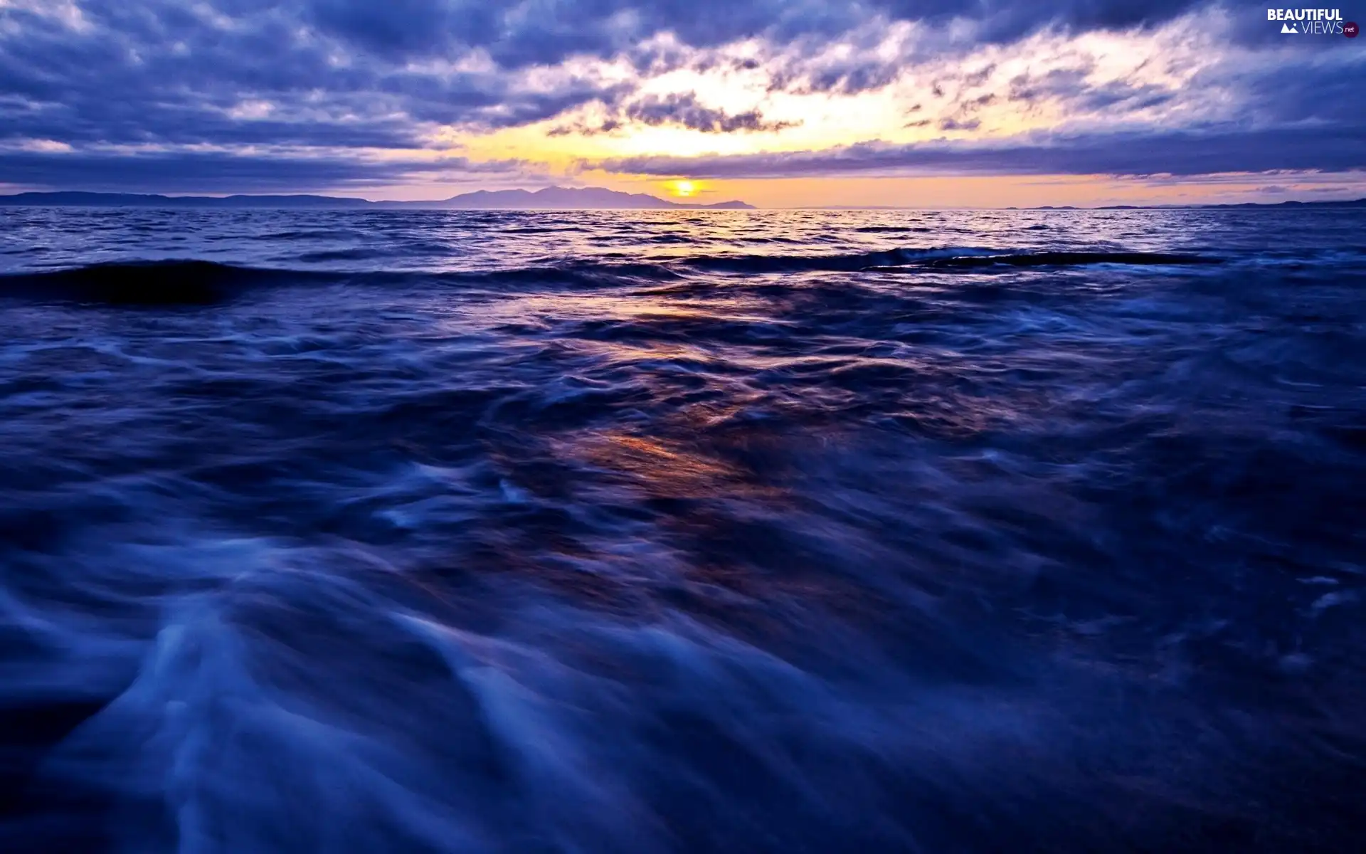 sun, clouds, sea, Waves, rays, west