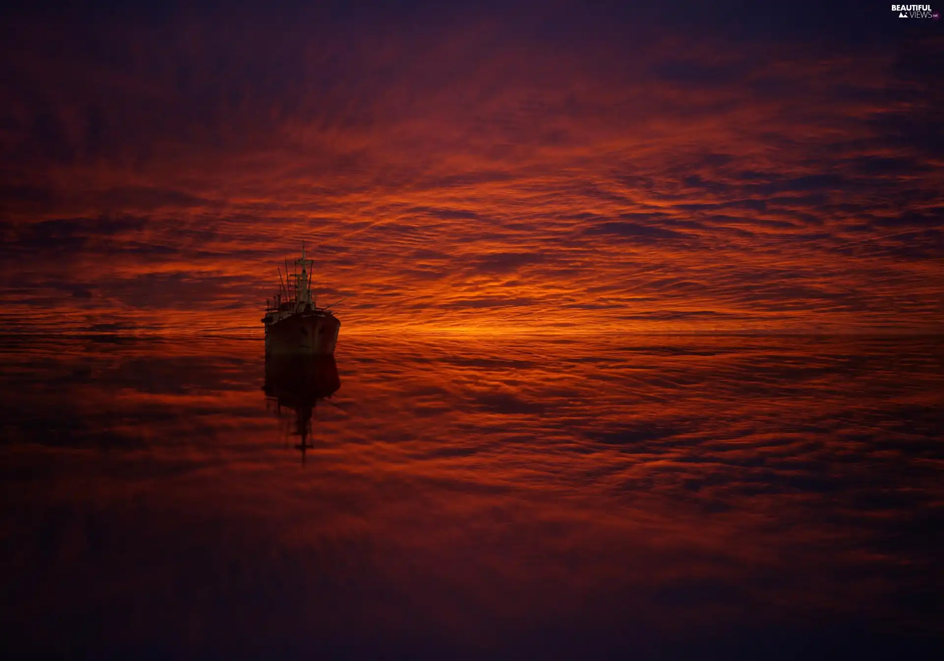 west, clouds, Ship, sun