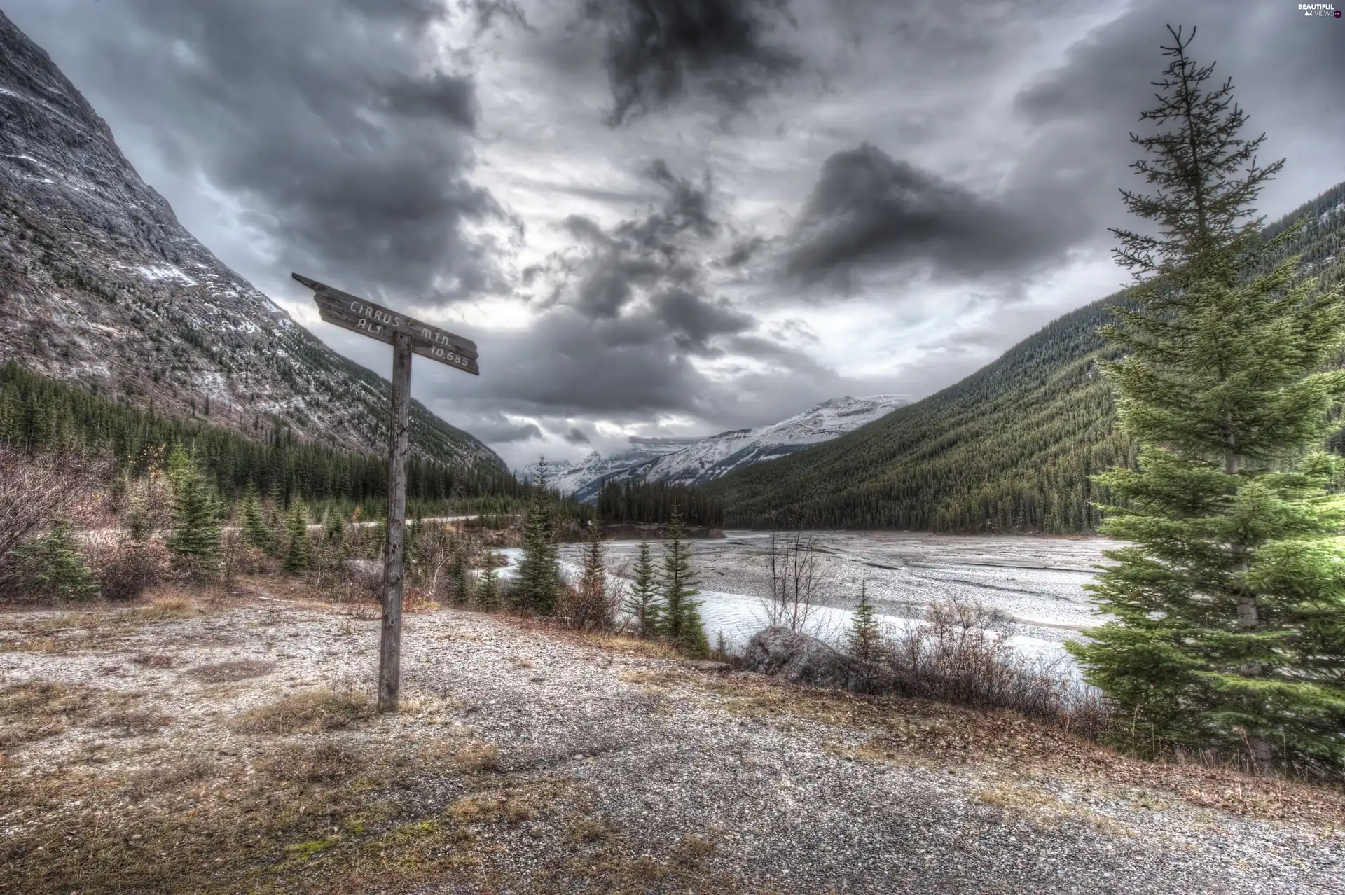 clouds, River, sign-post, Mountains