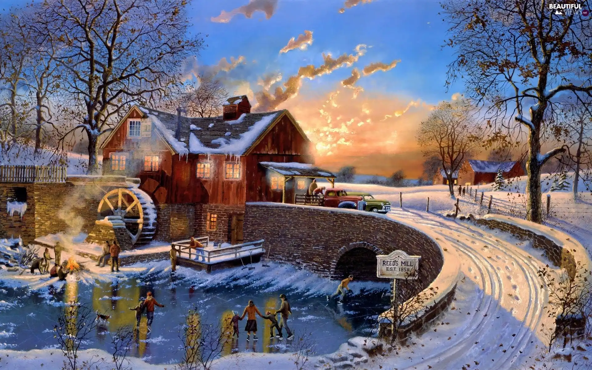 winter, Watermill, Skates, bridge