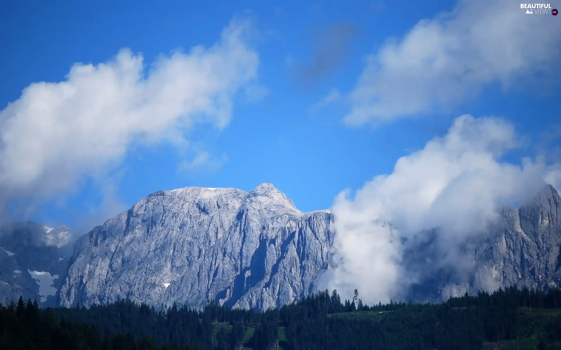 Sky, clouds, Mountains, blue, forest