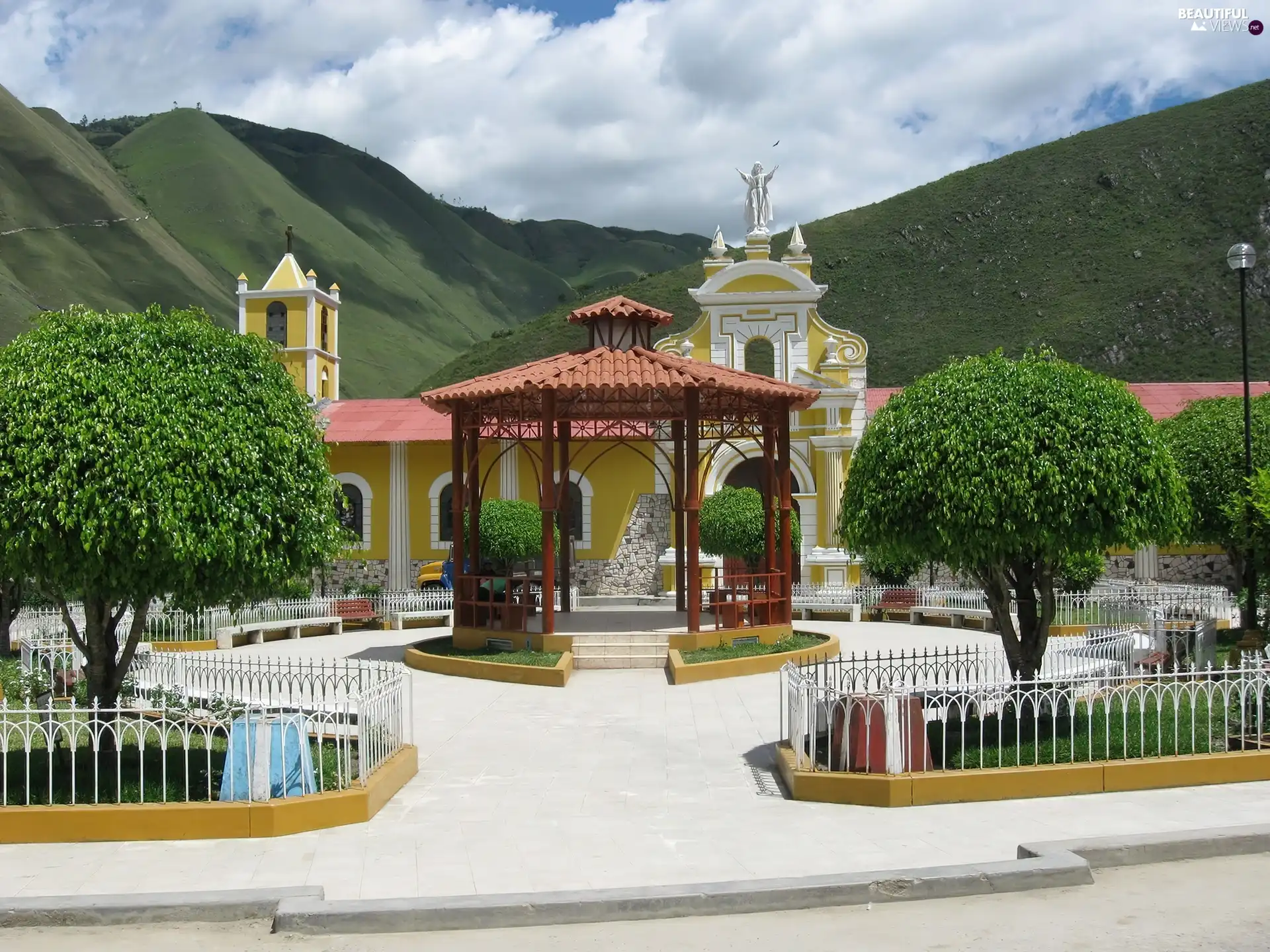 viewes, Church, Sky, clouds, Mountains, trees