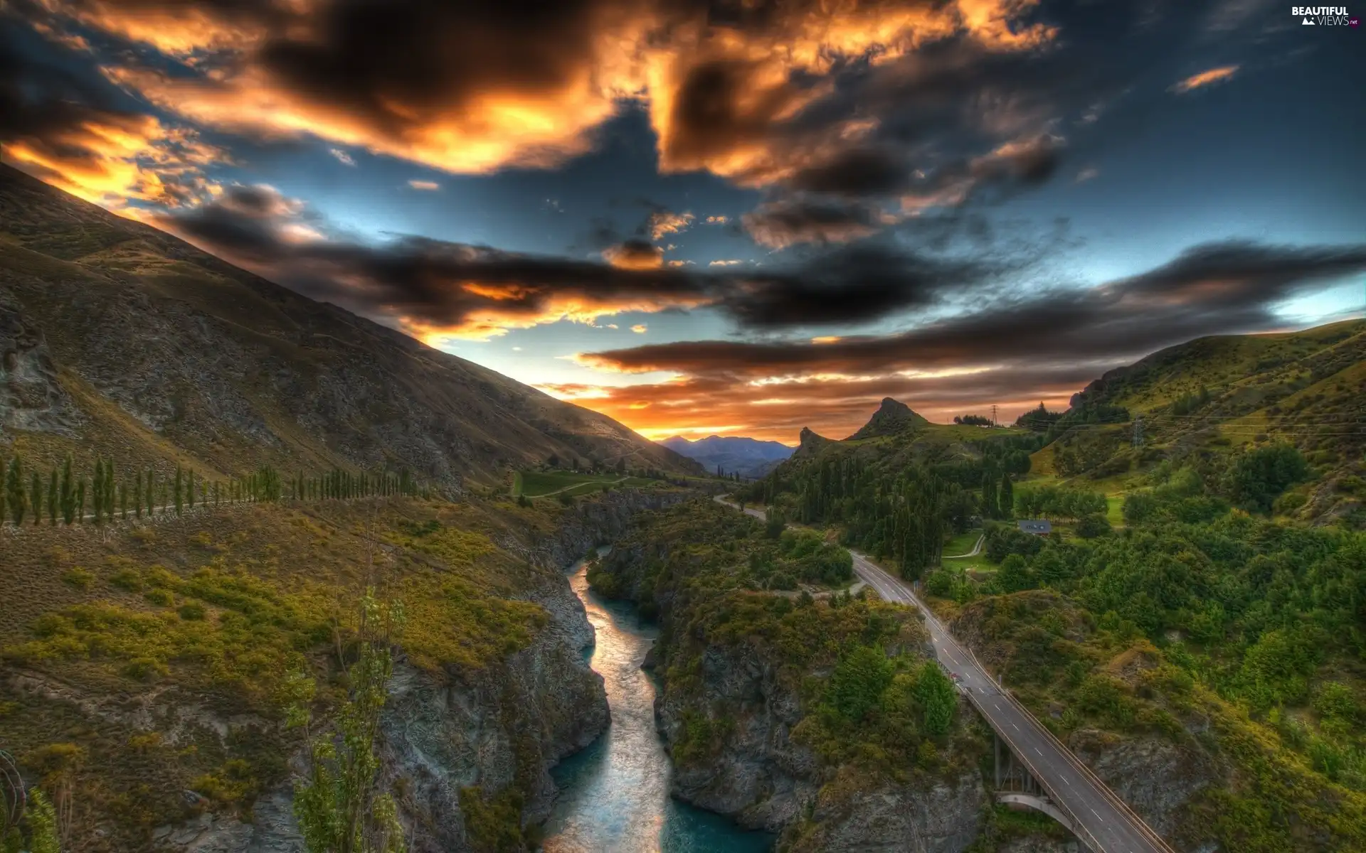 Sky, clouds, River, Way, Mountains