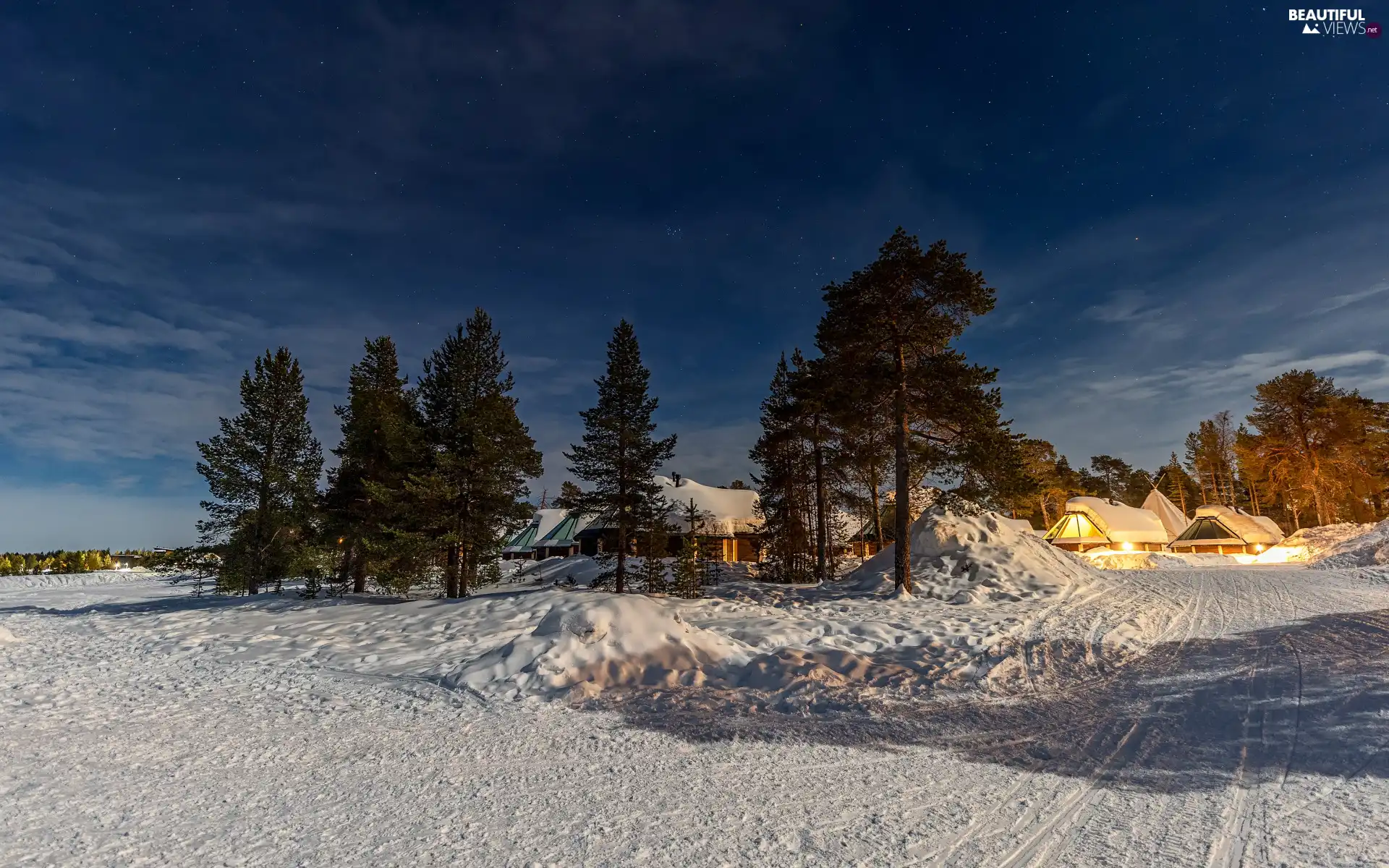 star, Way, illuminated, Sky, winter, clouds, Houses