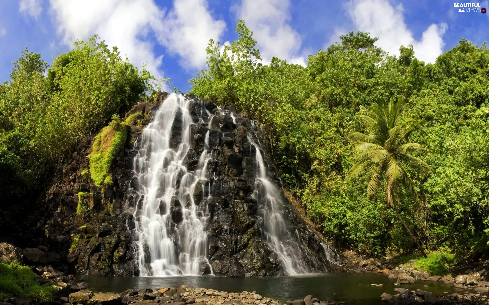 waterfall, VEGETATION, Sky, Green