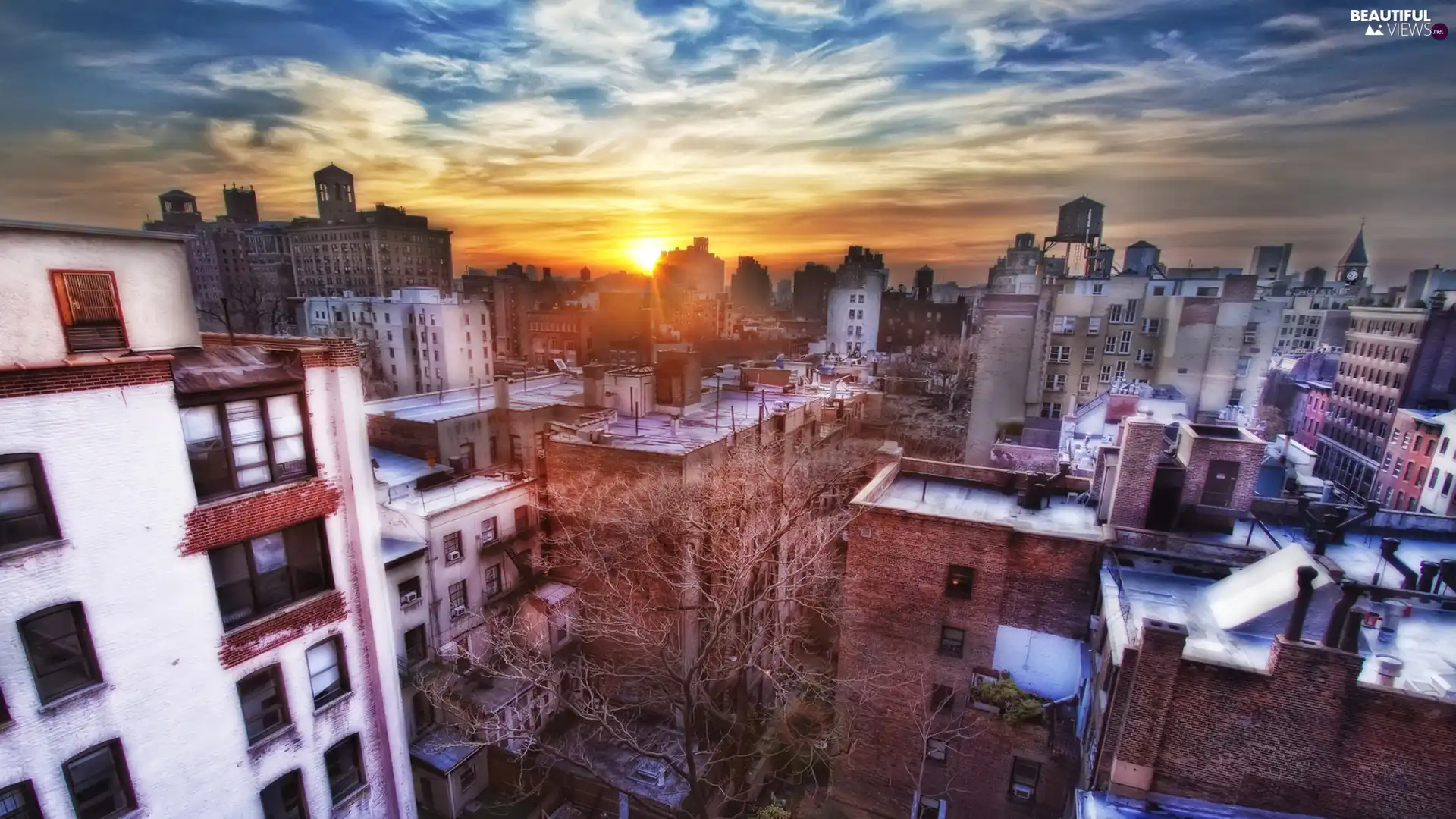 New, west, skyscrapers, clouds, Jork, sun