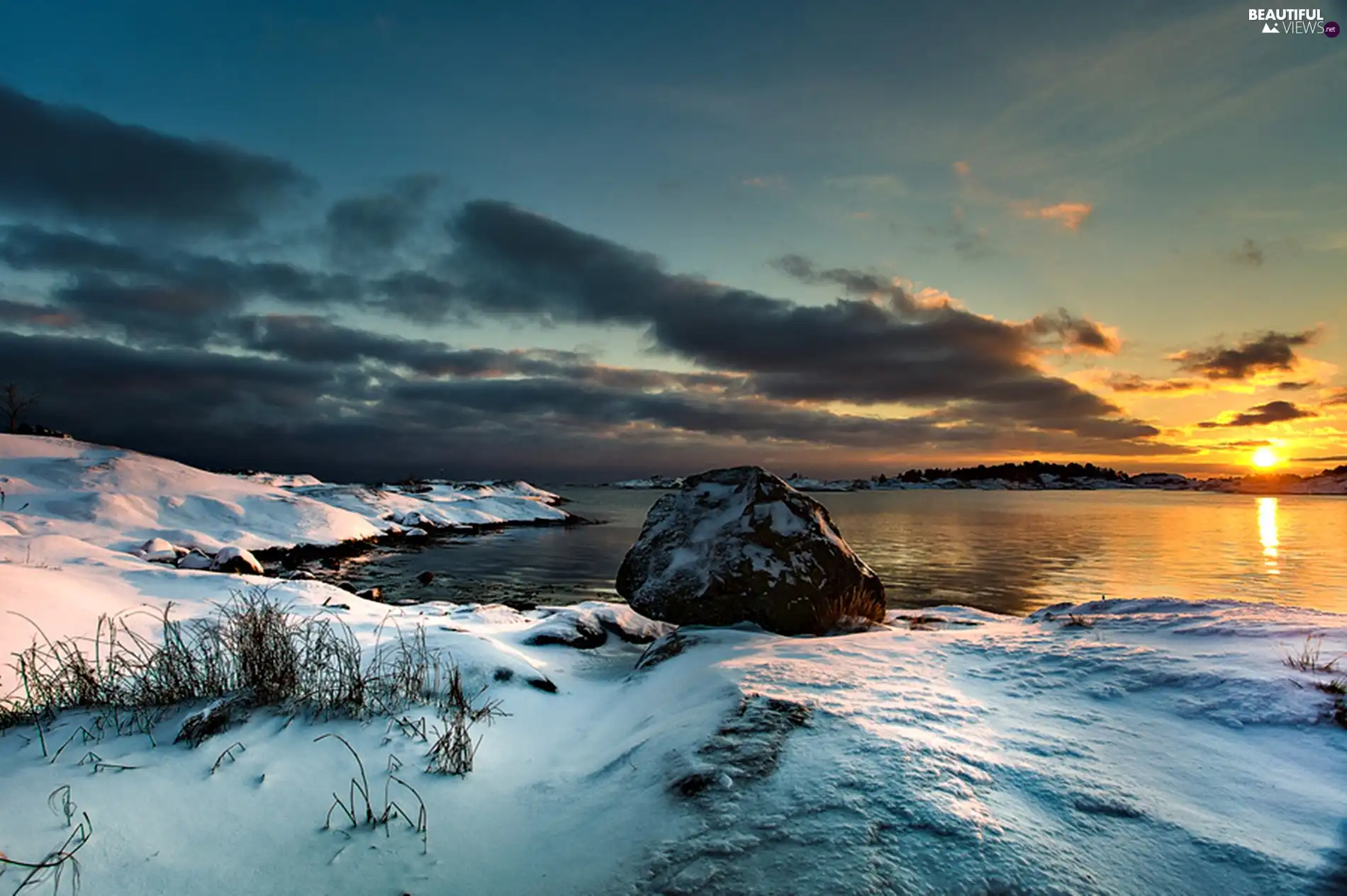 snow, clouds, sun, sea, west