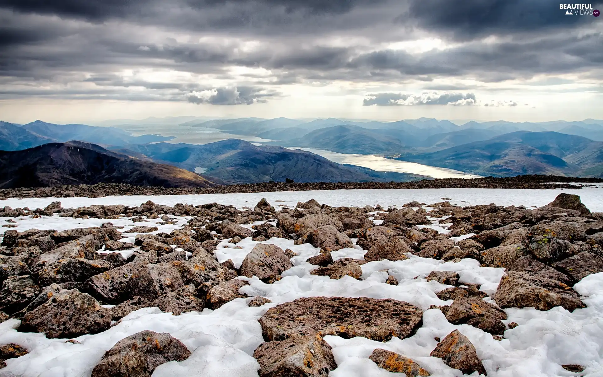 Mountains, Stones, snow, clouds