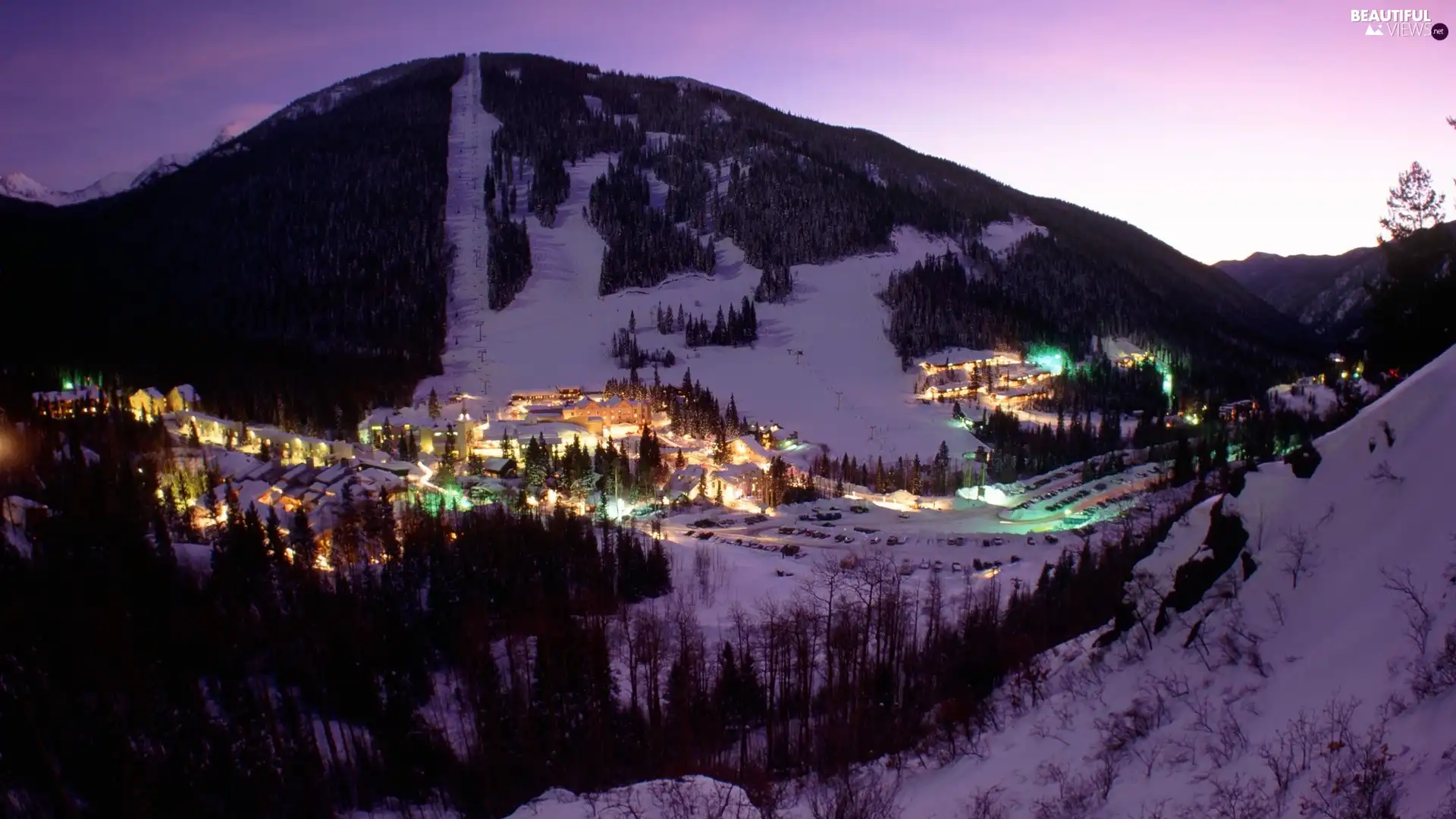 Town, Night, snow, Mountains