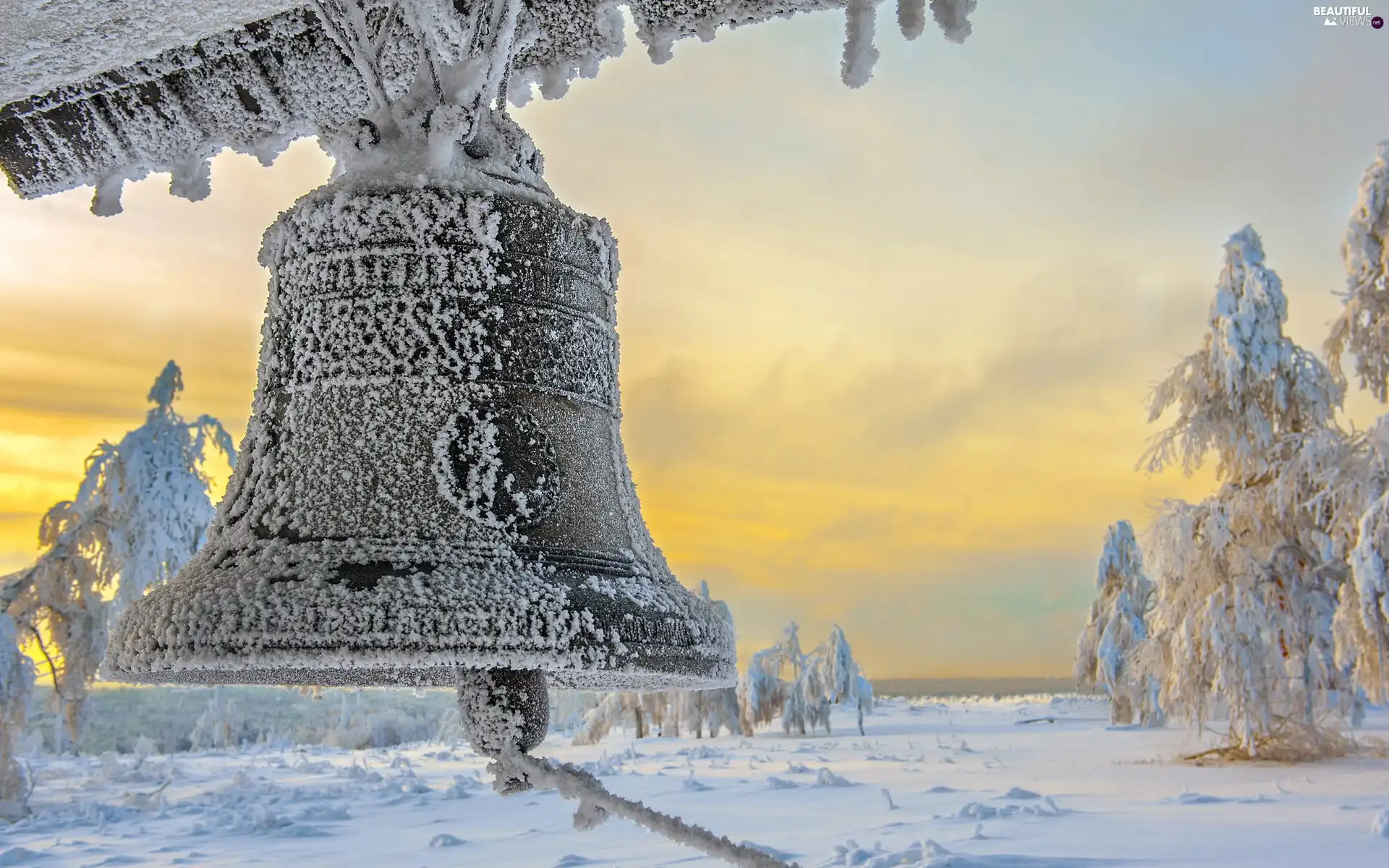 snow, winter, sun, bell, west