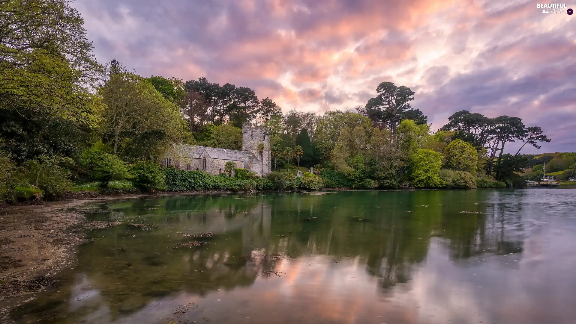 Cornwall, England, Parish St Just in Roseland, chapel, viewes, clouds, lake, trees, Church