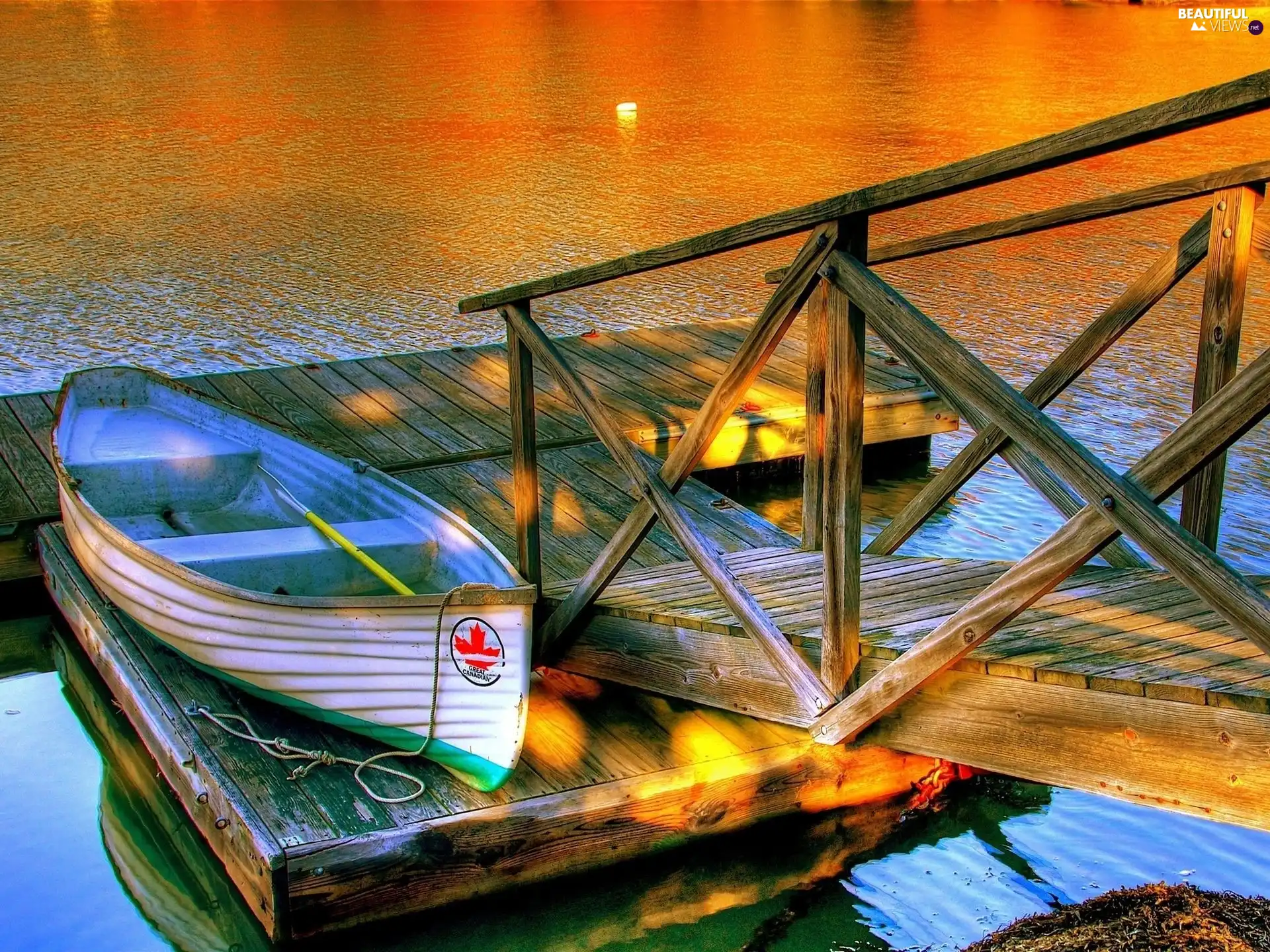 sun, lake, Stairs, Boat, pier, west