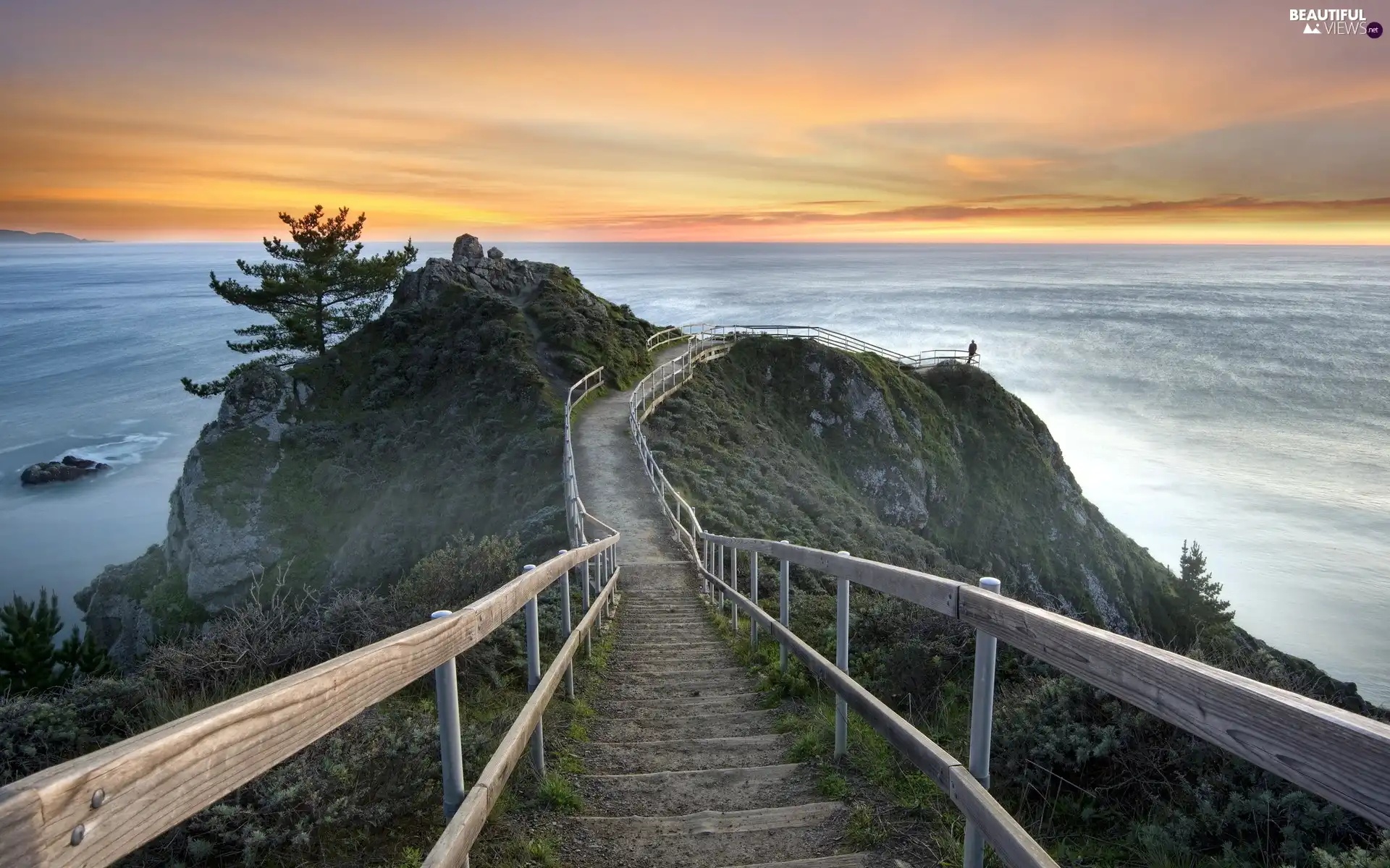 Stairs, sea, mountains