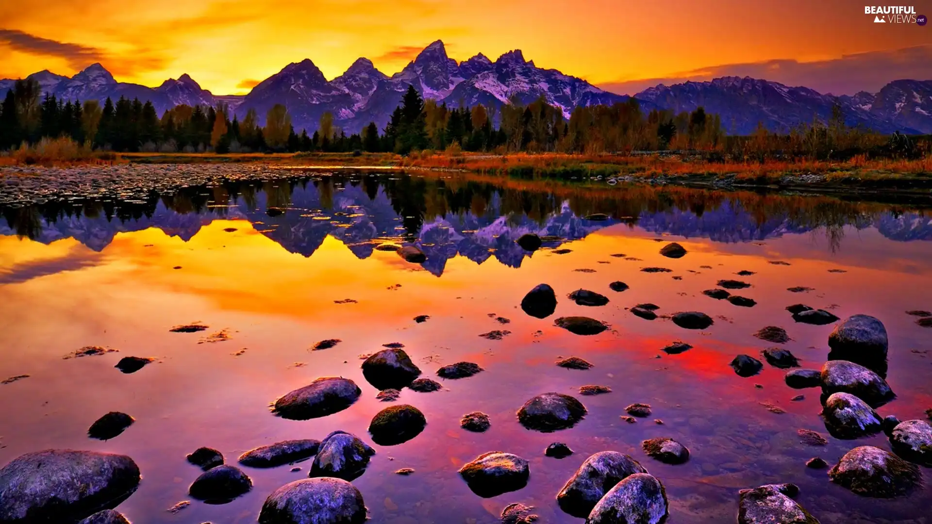 Stones, Mountains, lake