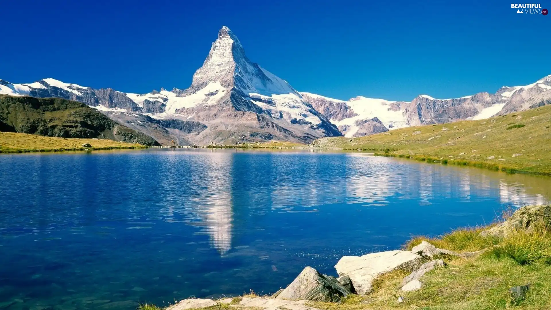 Stones, lake, Mountains